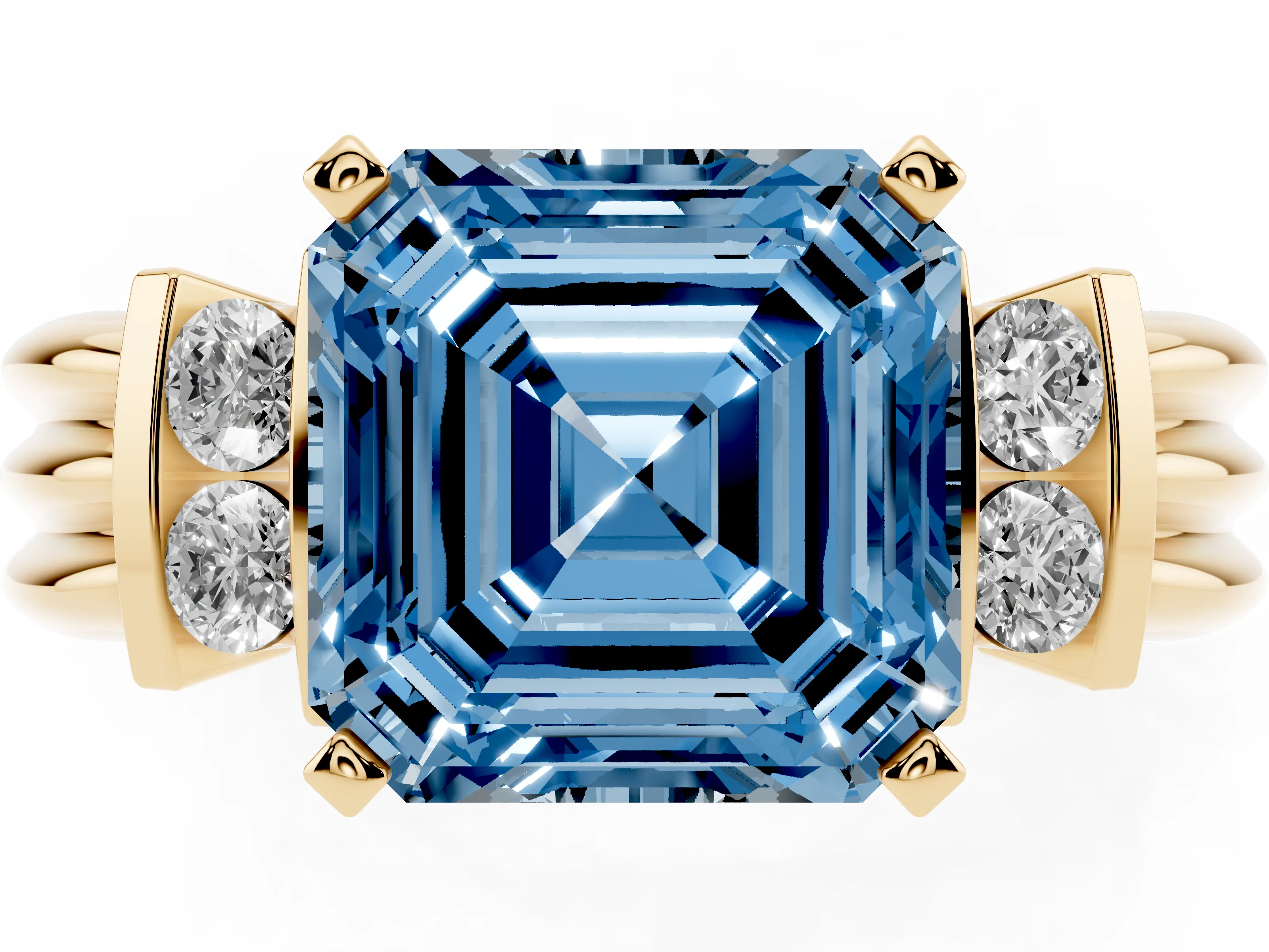 Fancy Blue Three-Stone Asscher Cut Diamond Channel Set Ring Set in Yellow gold with Bar Prongs