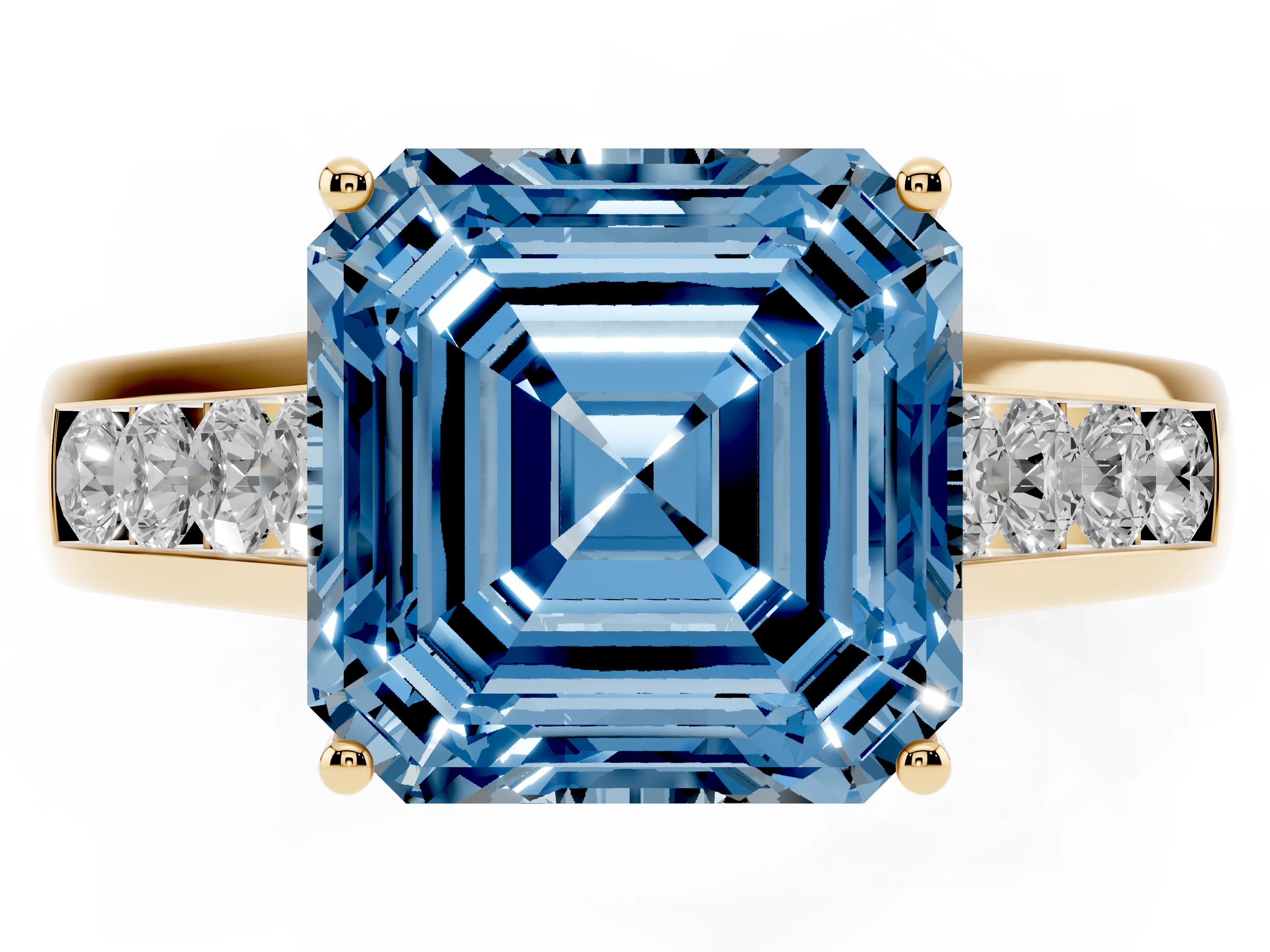 Fancy Blue Asscher Cut Diamond Brilliant Channel-Set Solitaire Ring Set in Yellow gold with Prong Setting