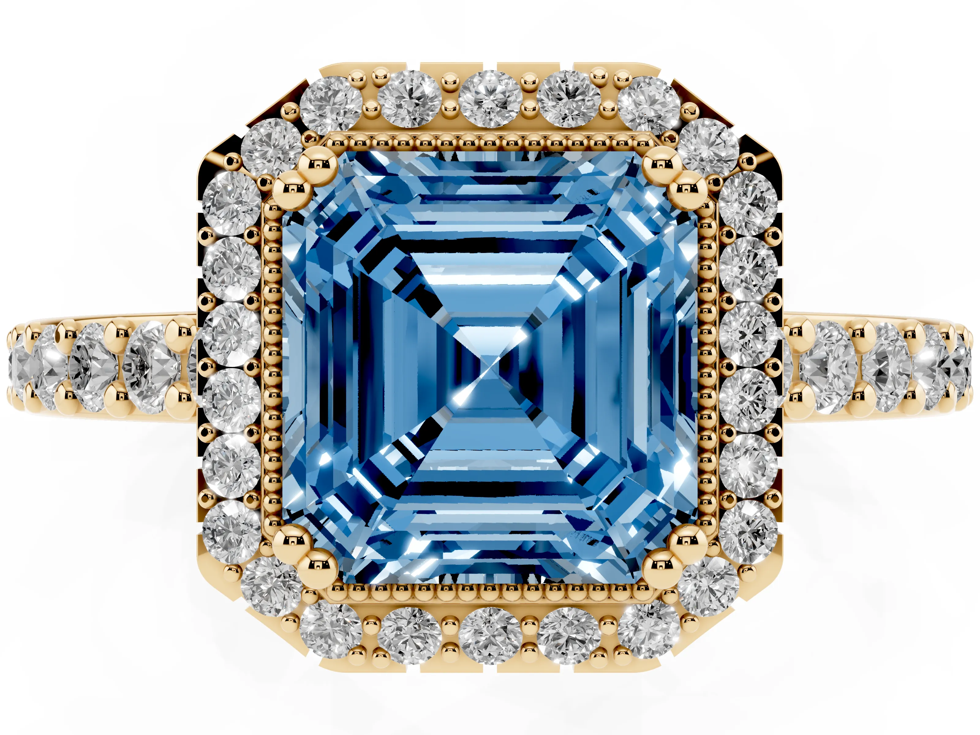 Fancy Blue Asscher Cut Diamond Halo Engagement Ring Set in Yellow gold with Milgrain Detail and Pavé Band