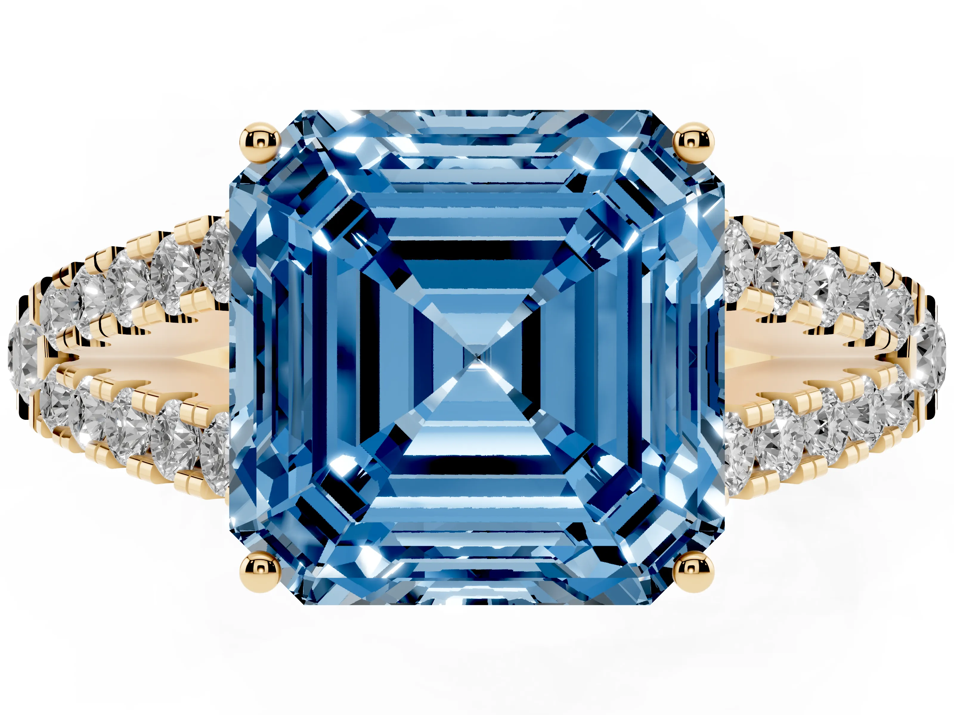 Fancy Blue Asscher Cut Diamond Split Shank Pavé Engagement Ring Set in Yellow gold with Prong-Held Center Stone