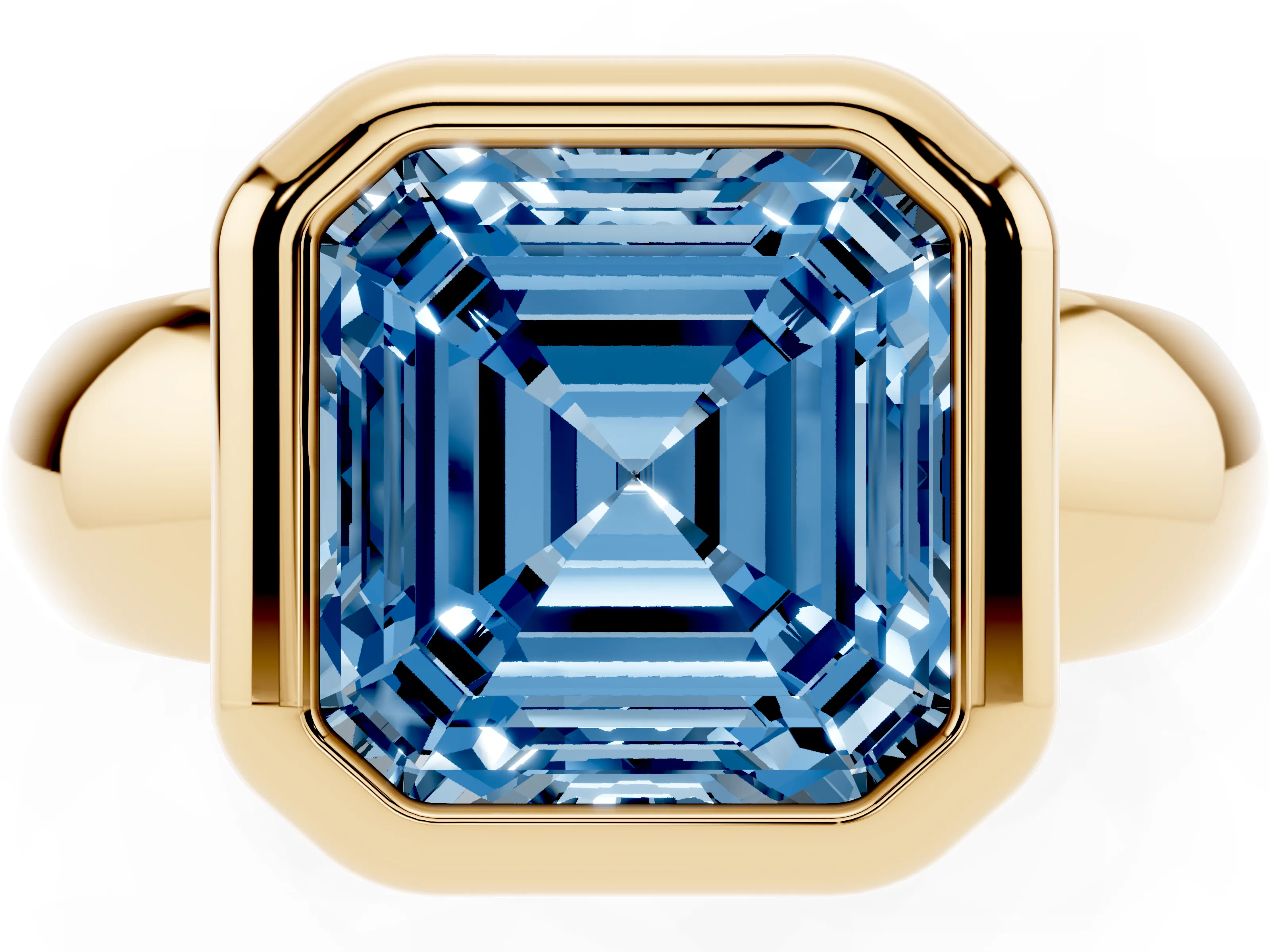 Fancy Blue Bezel Set Asscher Cut Diamond Solitaire Ring Set in Yellow gold with Wide Band