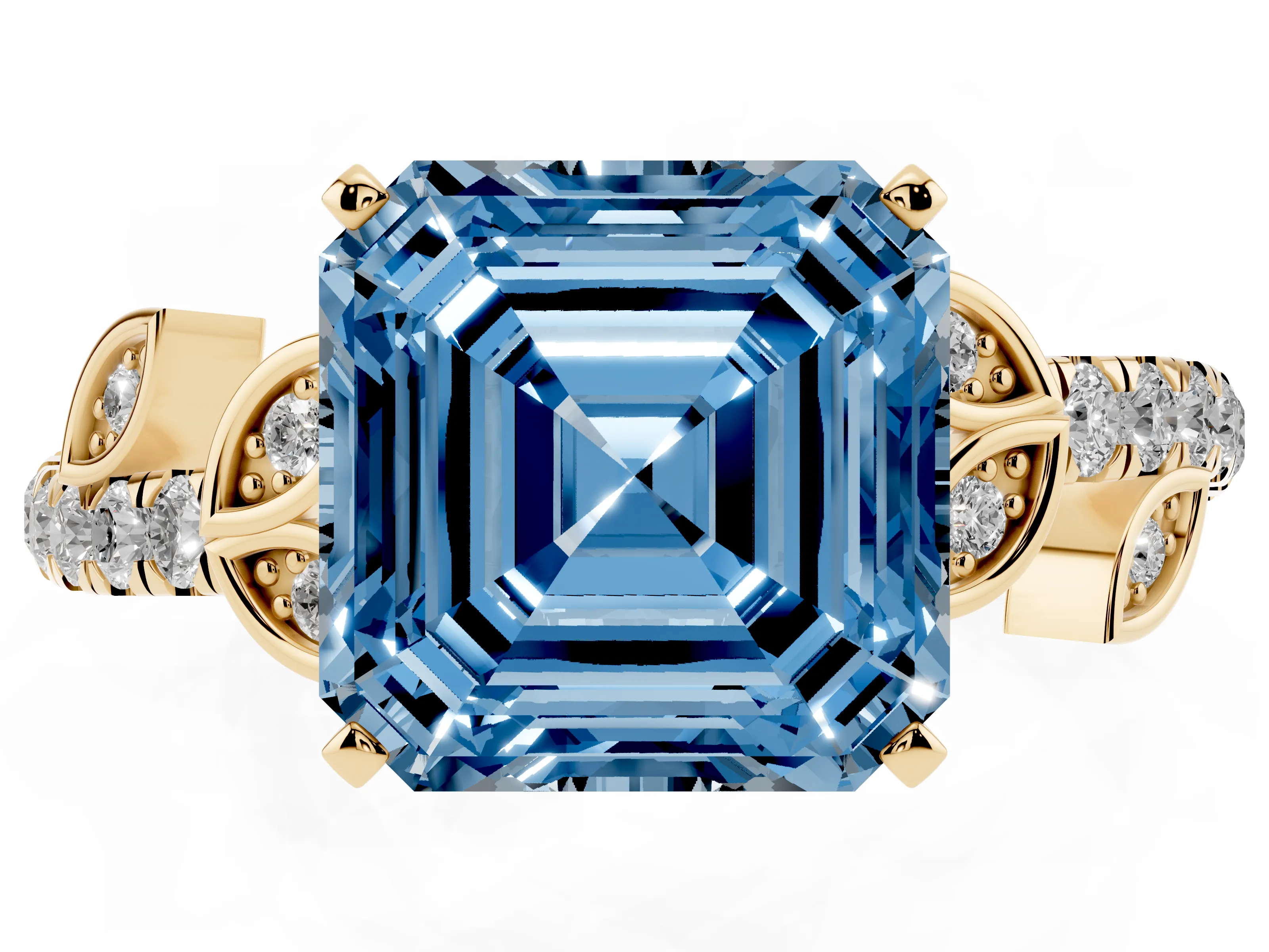 Fancy Blue Asscher Cut Diamond Solitaire Leaf-Inspired Ring Set in Yellow gold with Pavé Band and Prong Setting