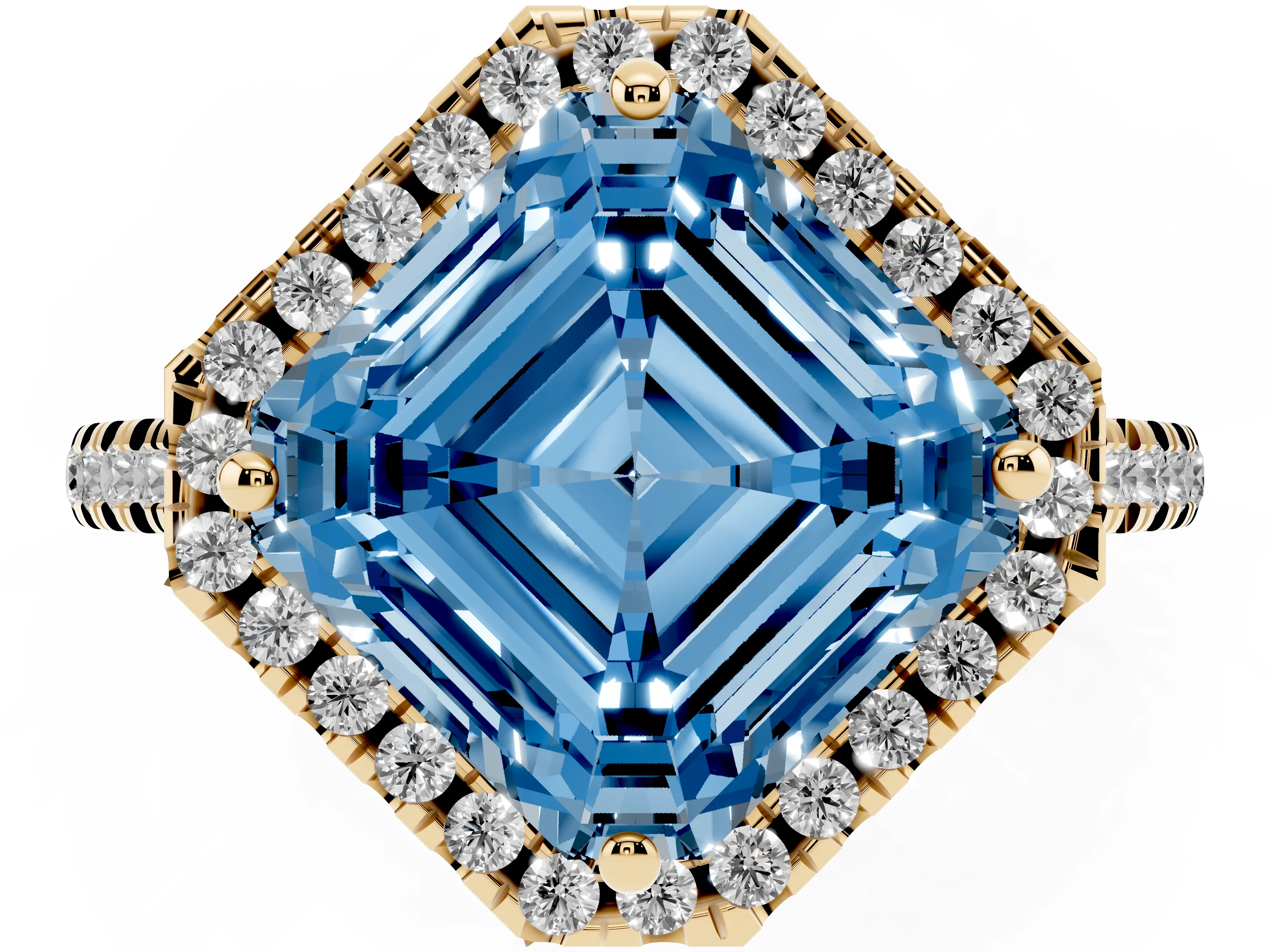 Fancy Blue Asscher Cut Diamond Cushion Halo Ring Set in Yellow gold with Pavé Band