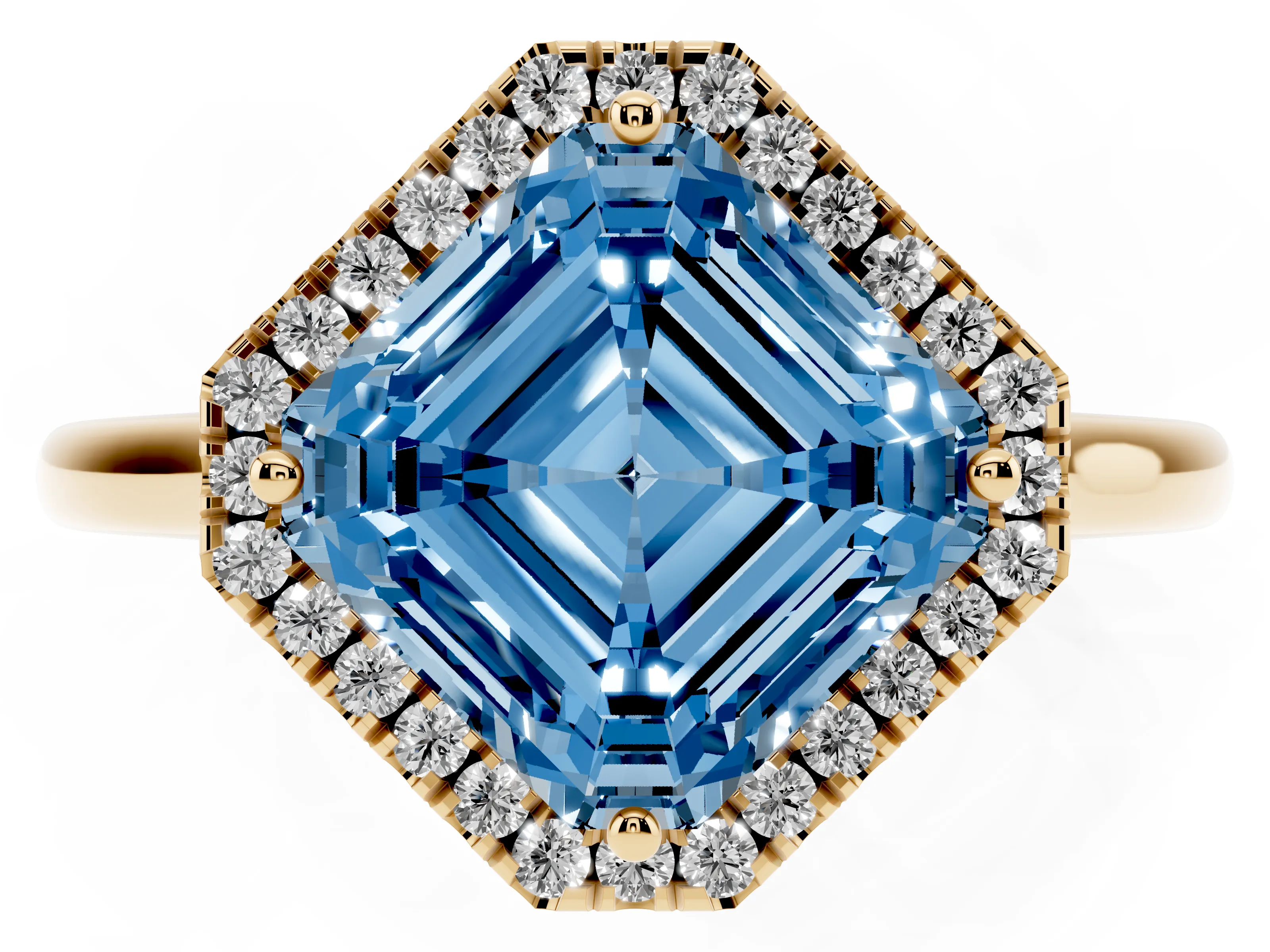 Fancy Blue Asscher Cut Diamond Halo Engagement Ring Set in Yellow gold with Pavé Band and Rising Shoulders
