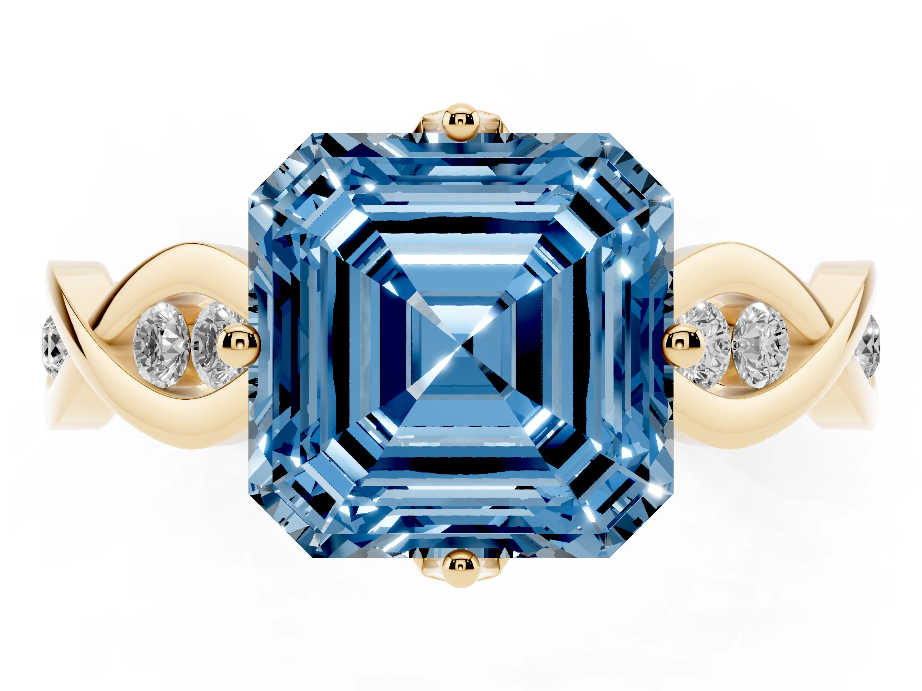 Fancy Blue Asscher Cut Diamond Twist Band Solitaire Ring Set in Yellow gold with Leaf Prong Setting and Accent Stones
