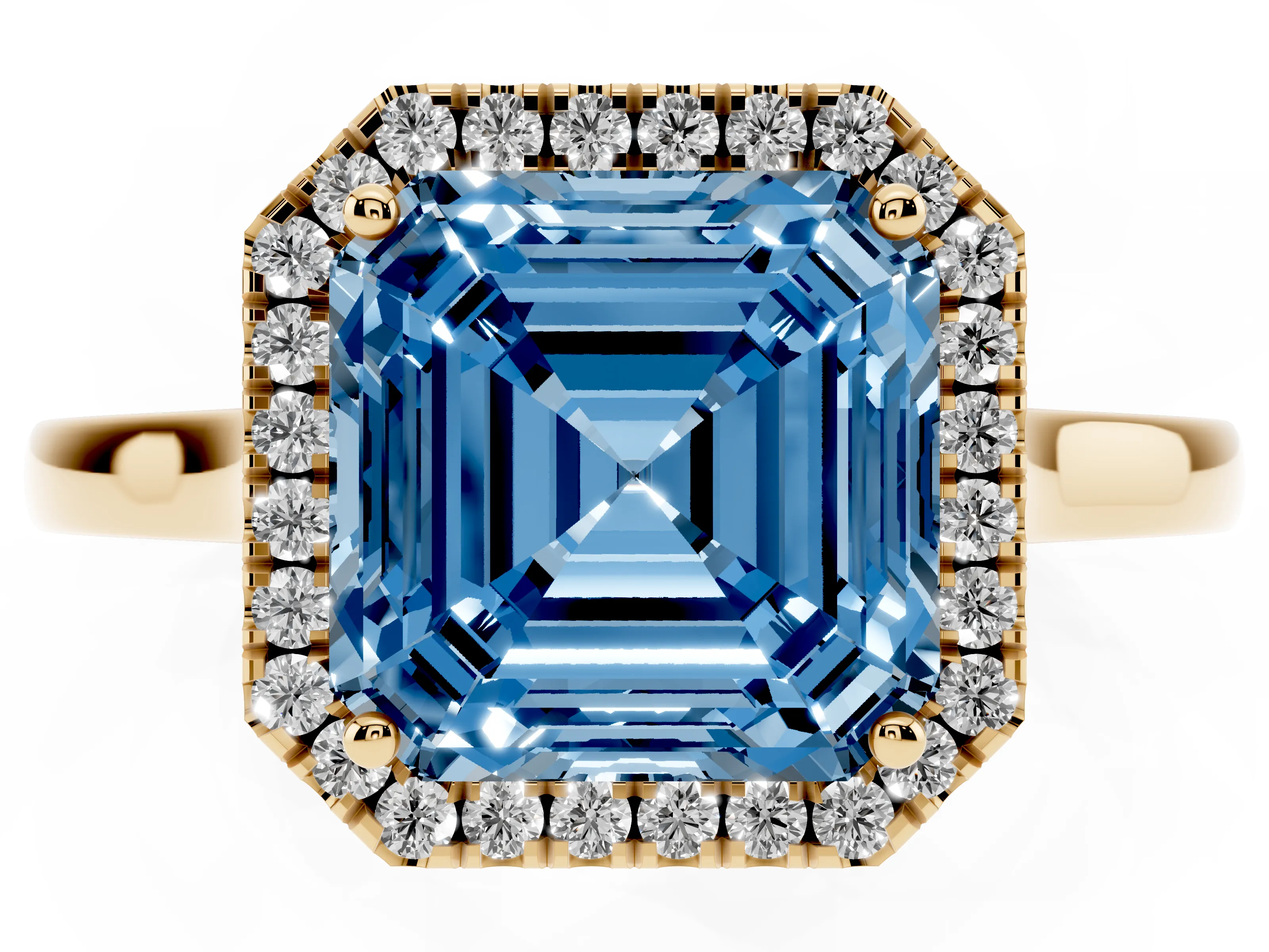 Fancy Blue Asscher Cut Halo Round Diamond Solitaire Ring Set in Yellow gold with Pavé Band and Prong Setting