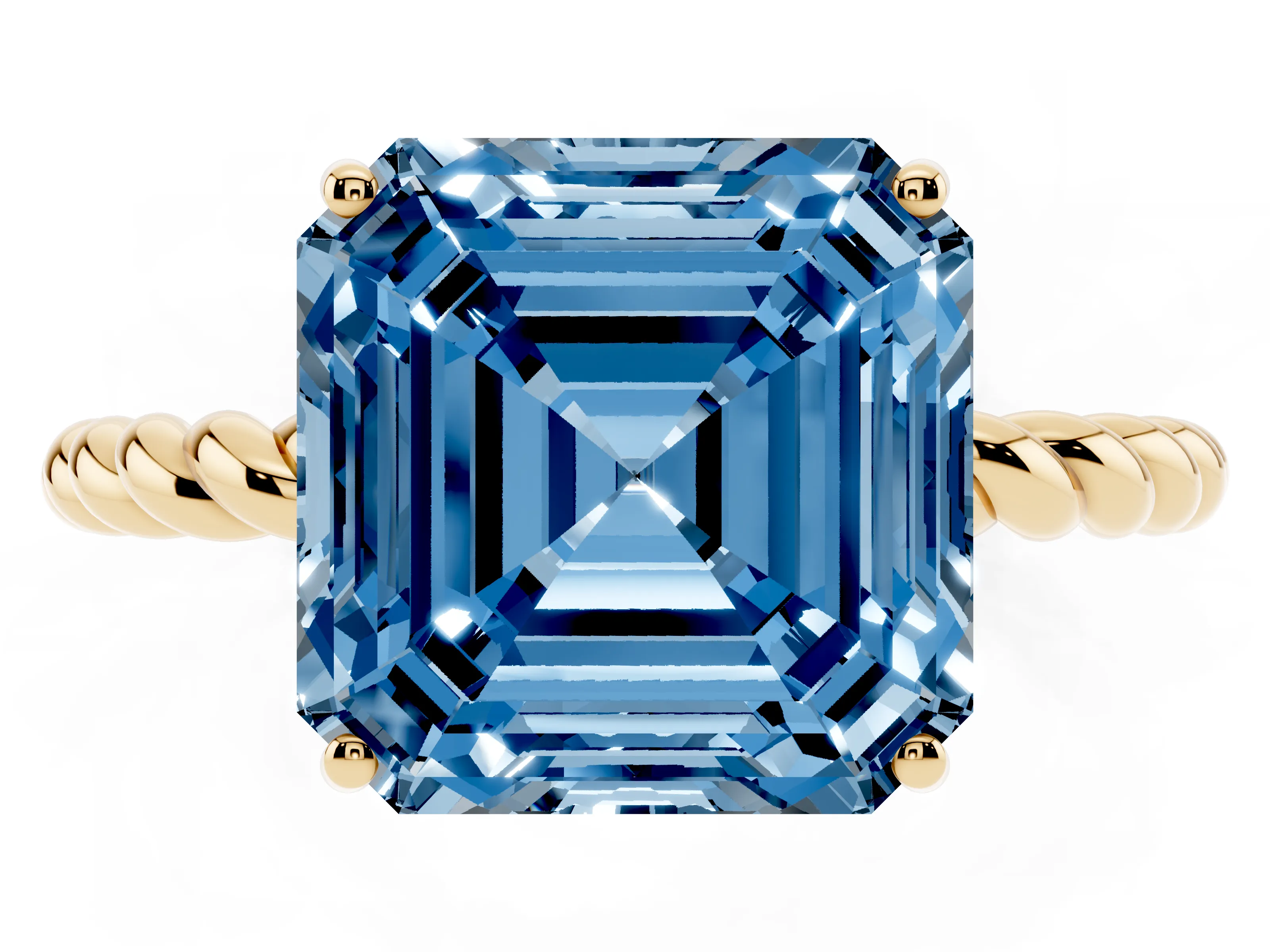 Fancy Blue Asscher Cut Diamond Solitaire Ring Set in Yellow gold with Twist Band and Prong Setting