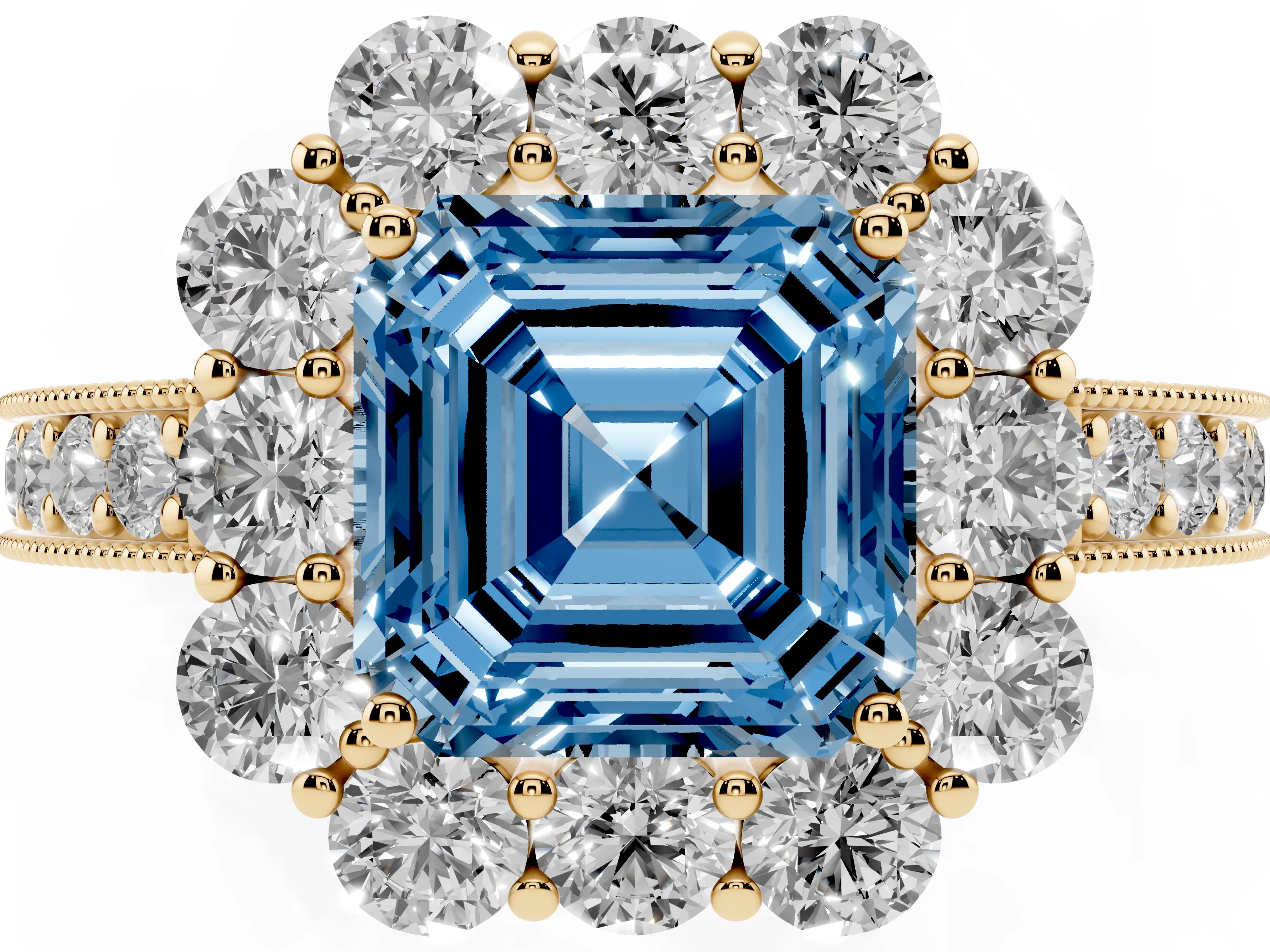 Fancy Blue Asscher Cut Diamond Halo Pavé Engagement Ring Set in Yellow gold with Milgrain Detailing