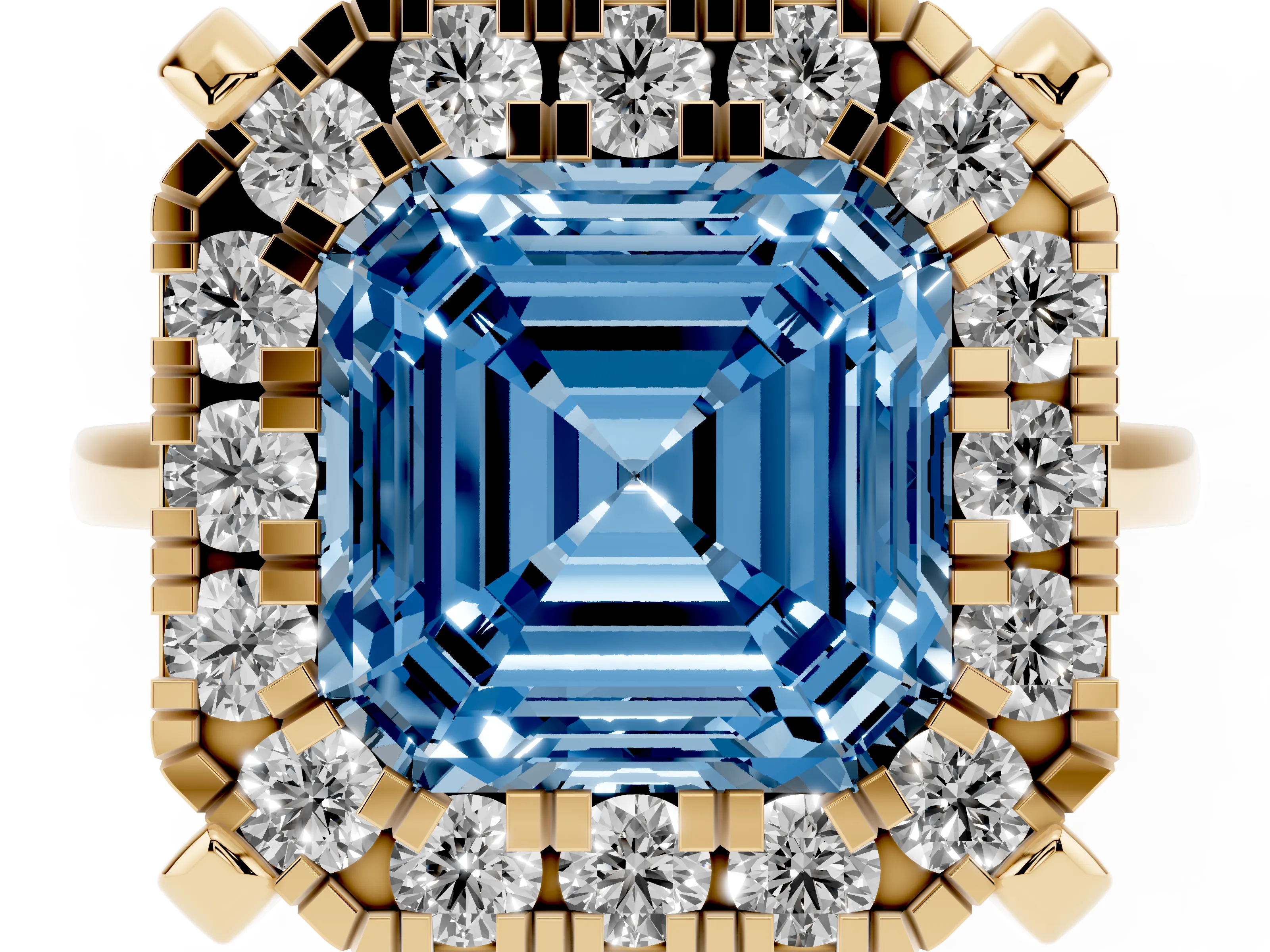 Fancy Blue Asscher Cut Diamond Cluster Halo Solitaire Ring Set in Yellow gold with Prong Setting