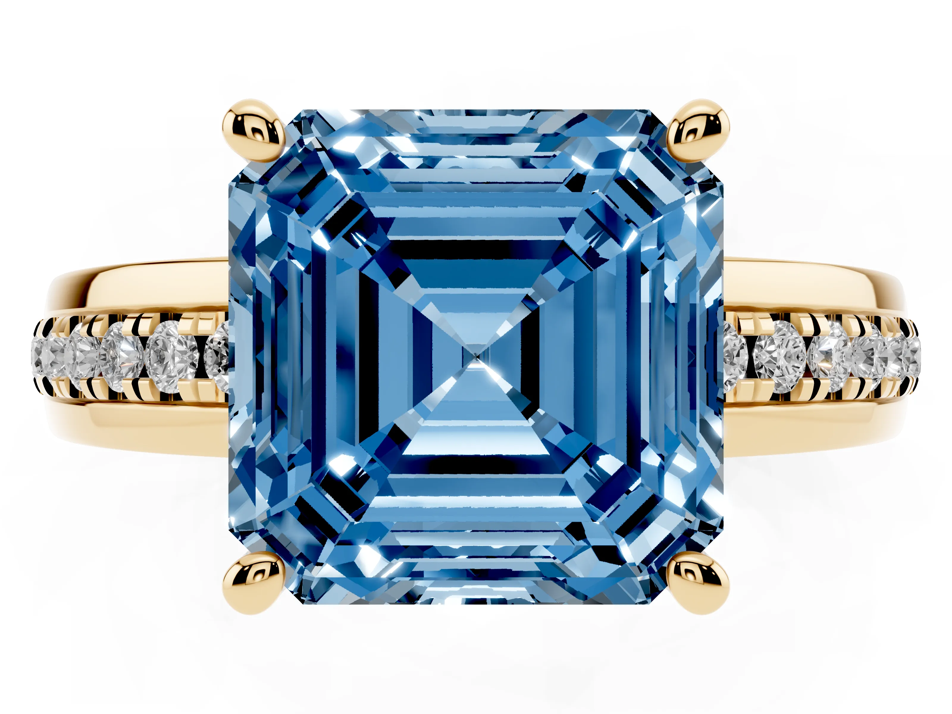 Fancy Blue Asscher Cut Diamond Solitaire Ring Set in Yellow gold with Channel Set Band and Prong Setting