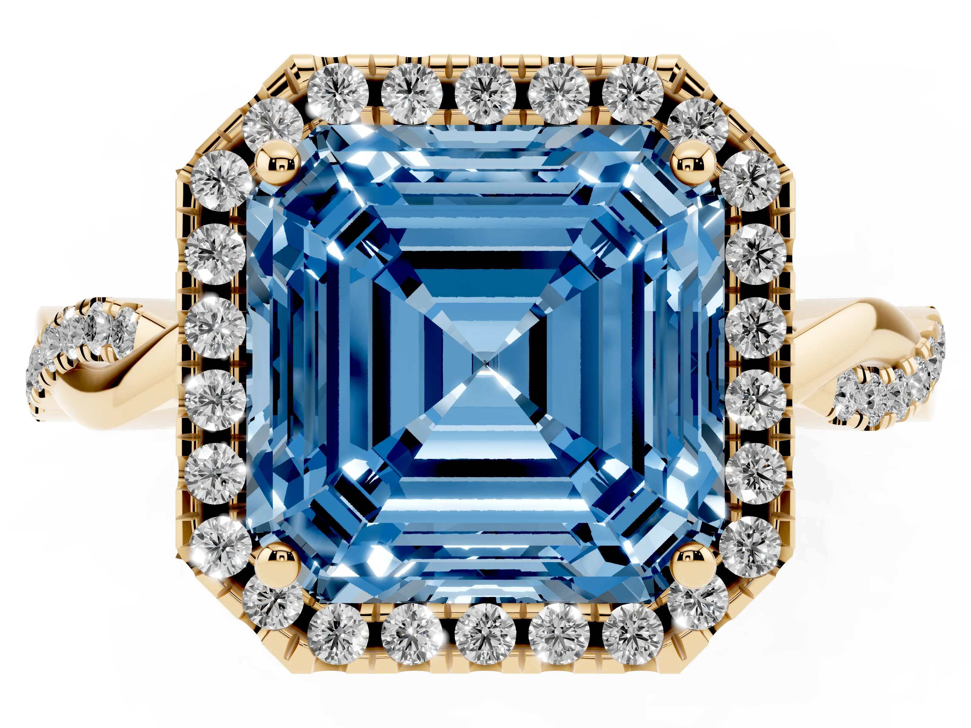 Fancy Blue Asscher Cut Diamond Halo Twisted Band Ring Set in Yellow gold with Prong Setting