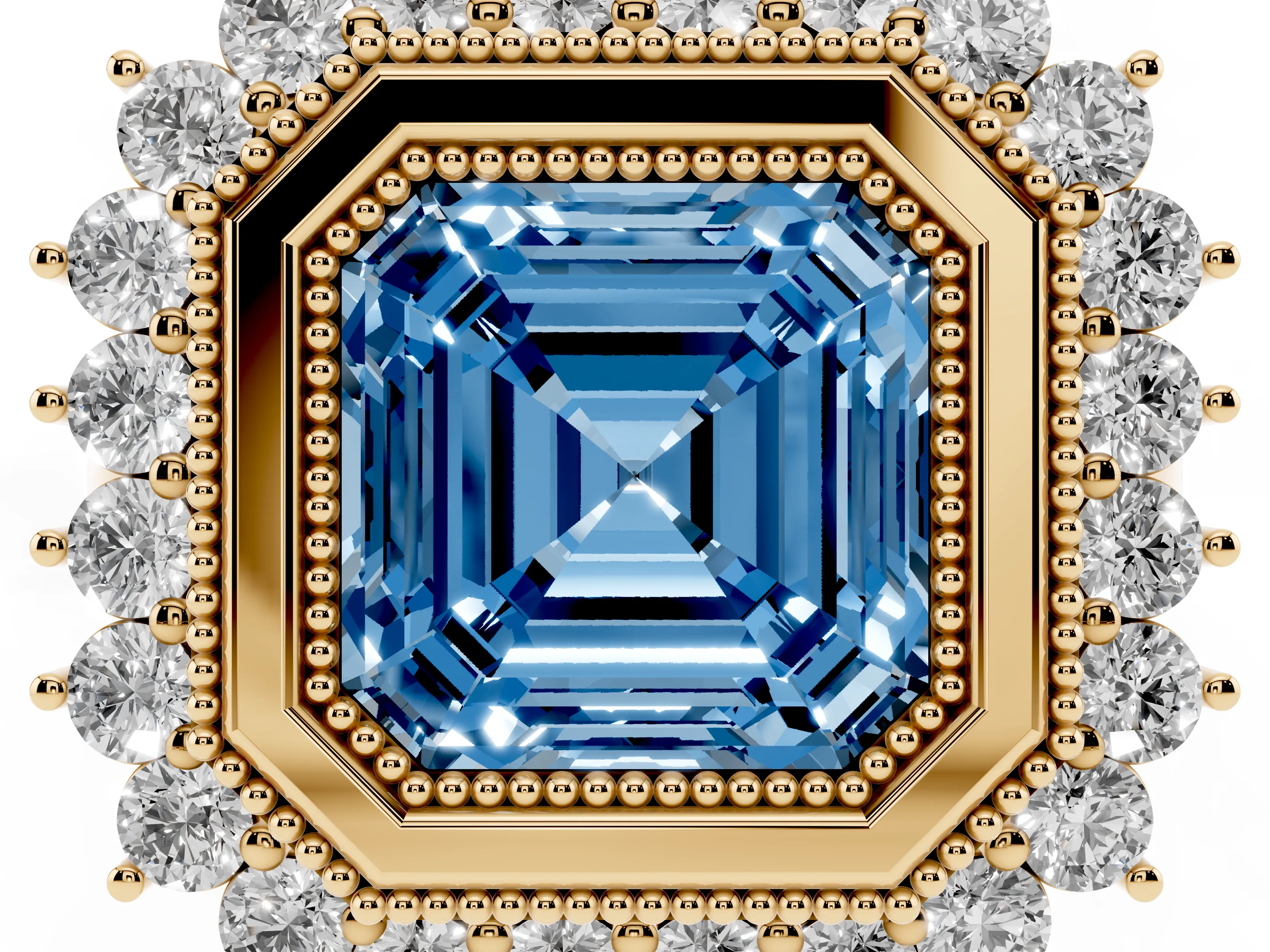 Fancy Blue Asscher Cut Diamond Halo Ring Set in Yellow gold with Milgrain Edge and Round Prong Setting