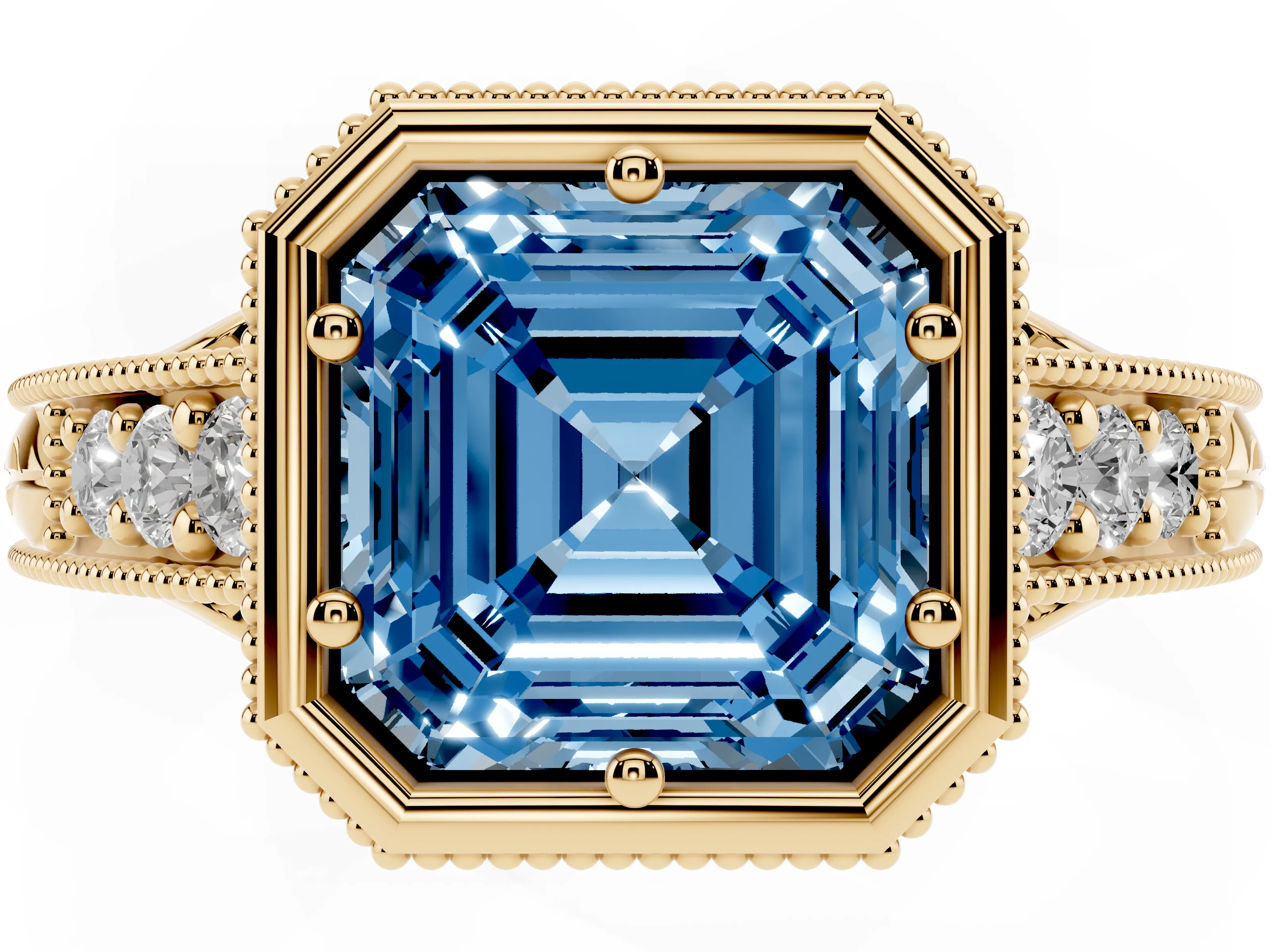 Fancy Blue Bezel Set Asscher Cut Diamond Milgrain Pavé Engagement Ring Set in Yellow gold
