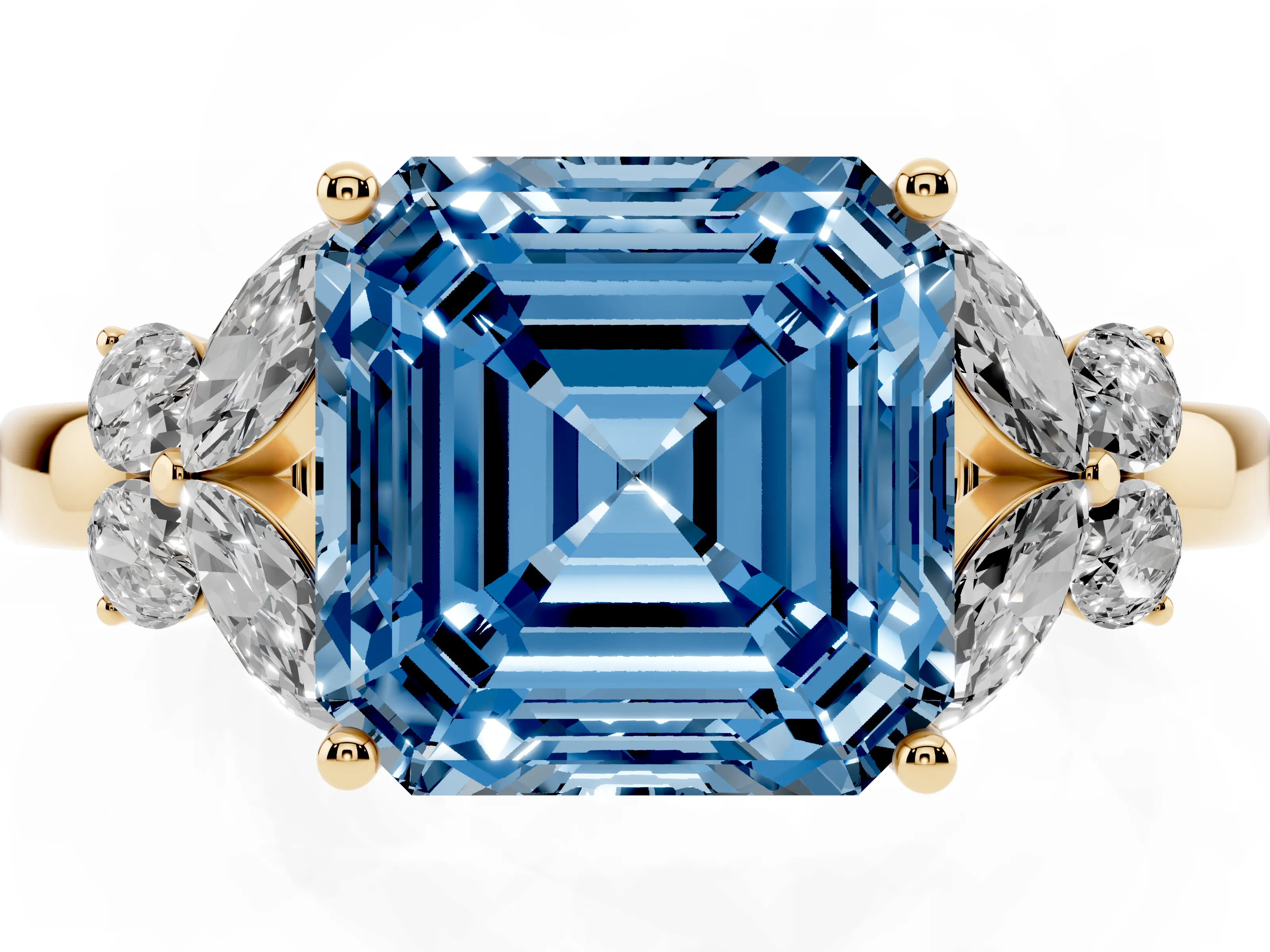 Fancy Blue Asscher Cut Diamond Solitaire Floral Ring Set in Yellow gold with Marquise Petals and Prong Setting