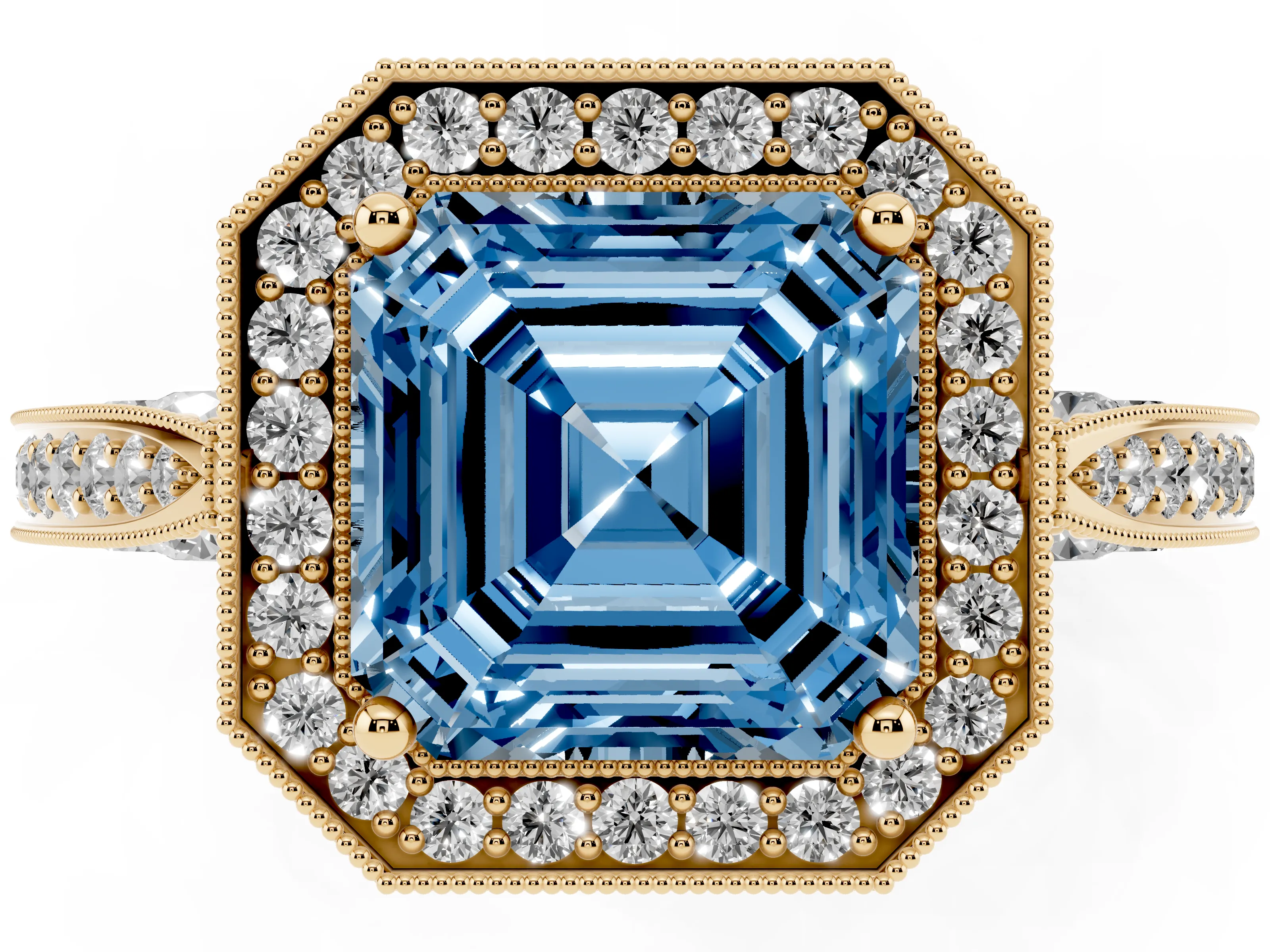 Fancy Blue Asscher Cut Diamond Halo Engagement Ring Set in Yellow gold with Accent Split Shank Band