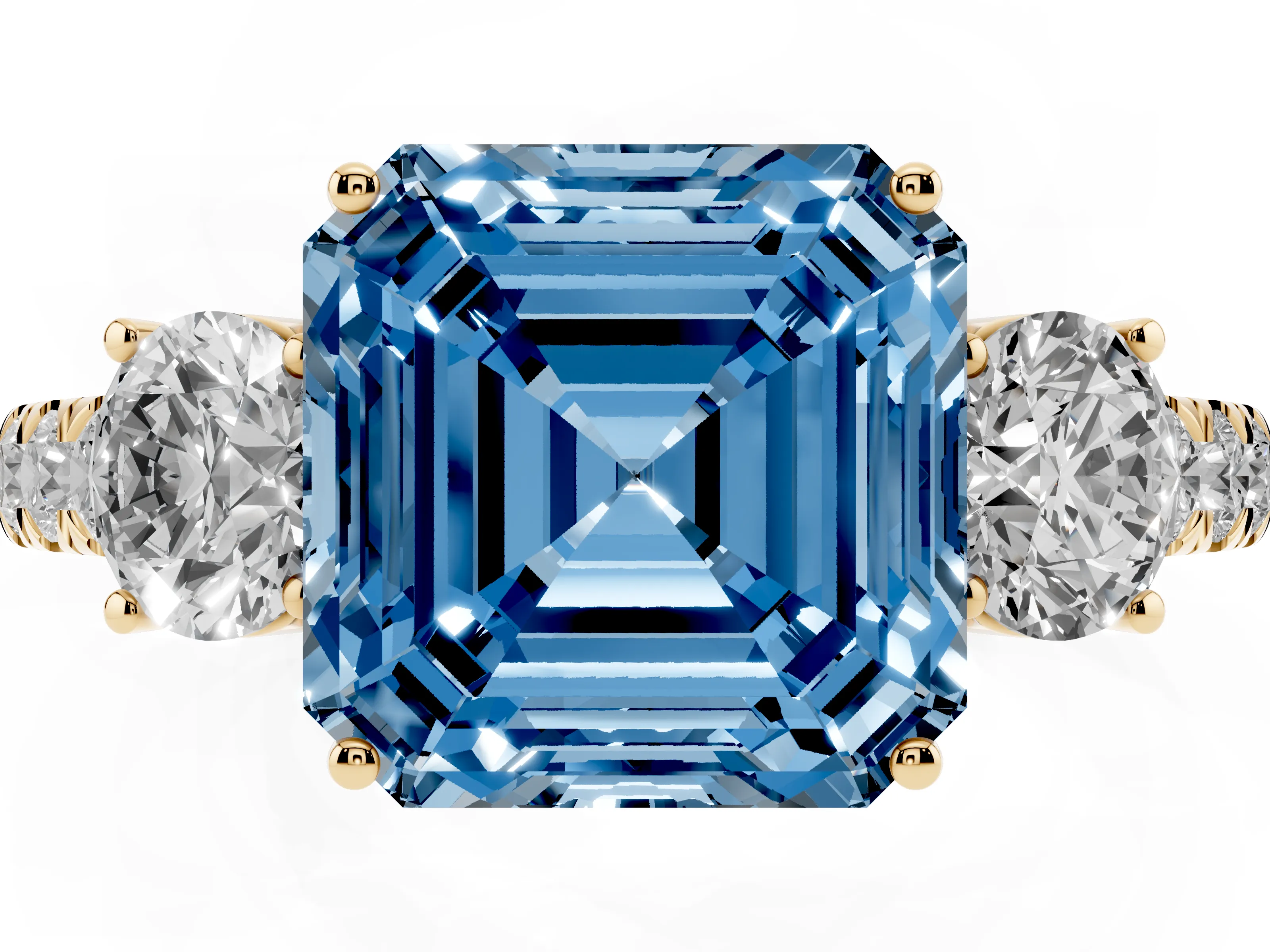 Fancy Blue Asscher Cut Diamond Three-Stone Ring Set in Yellow gold with Round Side Stones and Delicate Pavé Band