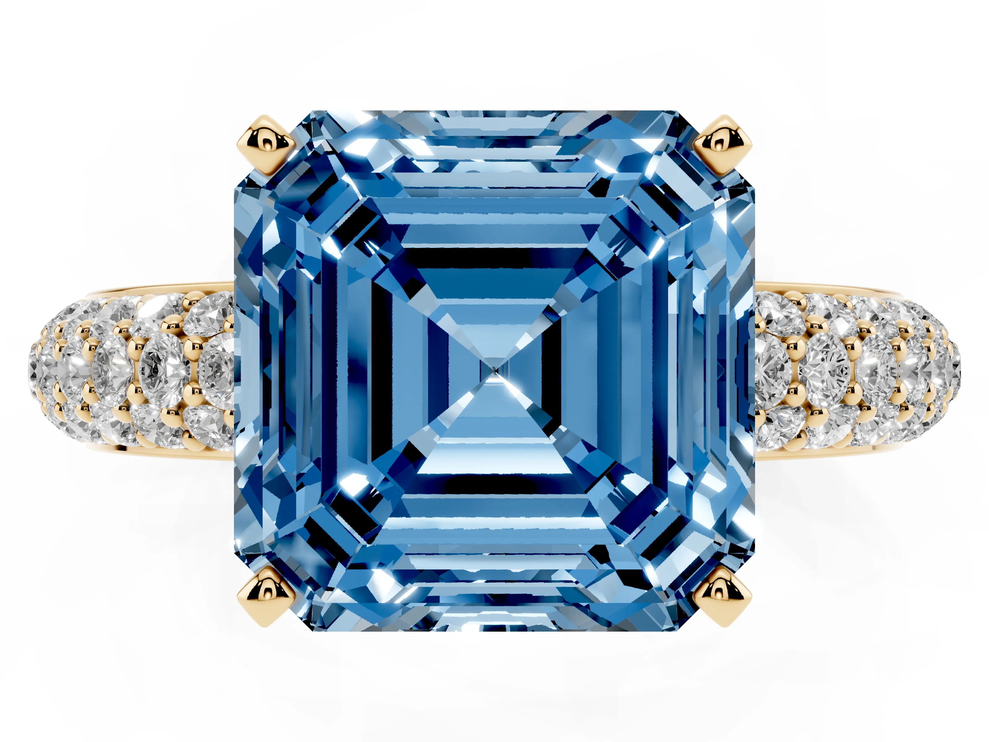Fancy Blue Asscher Cut Diamond Solitaire Ring Set in Yellow gold with Prong Setting and Pavé-Set Band