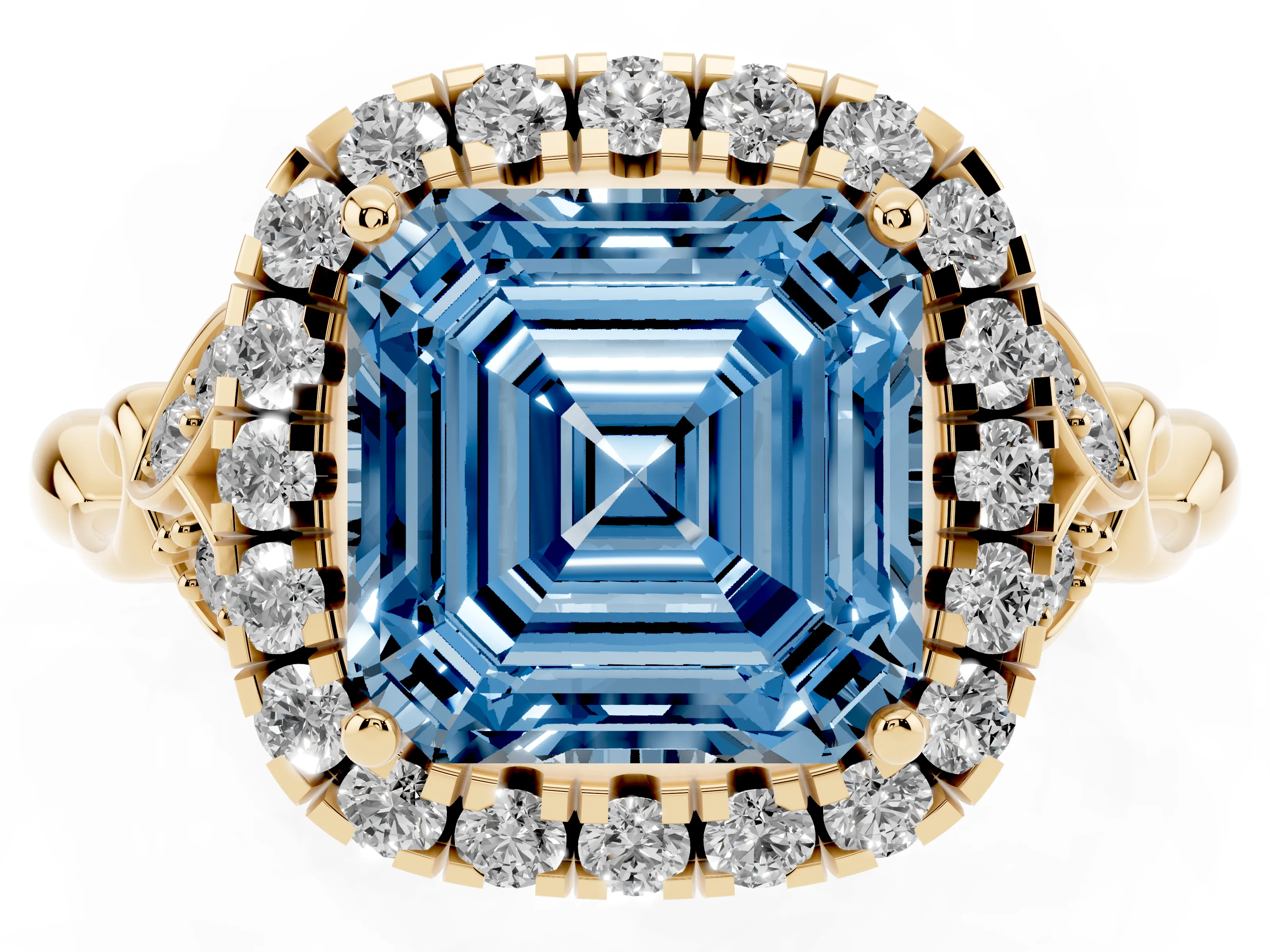 Fancy Blue Asscher Cut Diamond Halo Engagement Ring Set in Yellow gold with Vintage-Inspired Band and Prong Setting