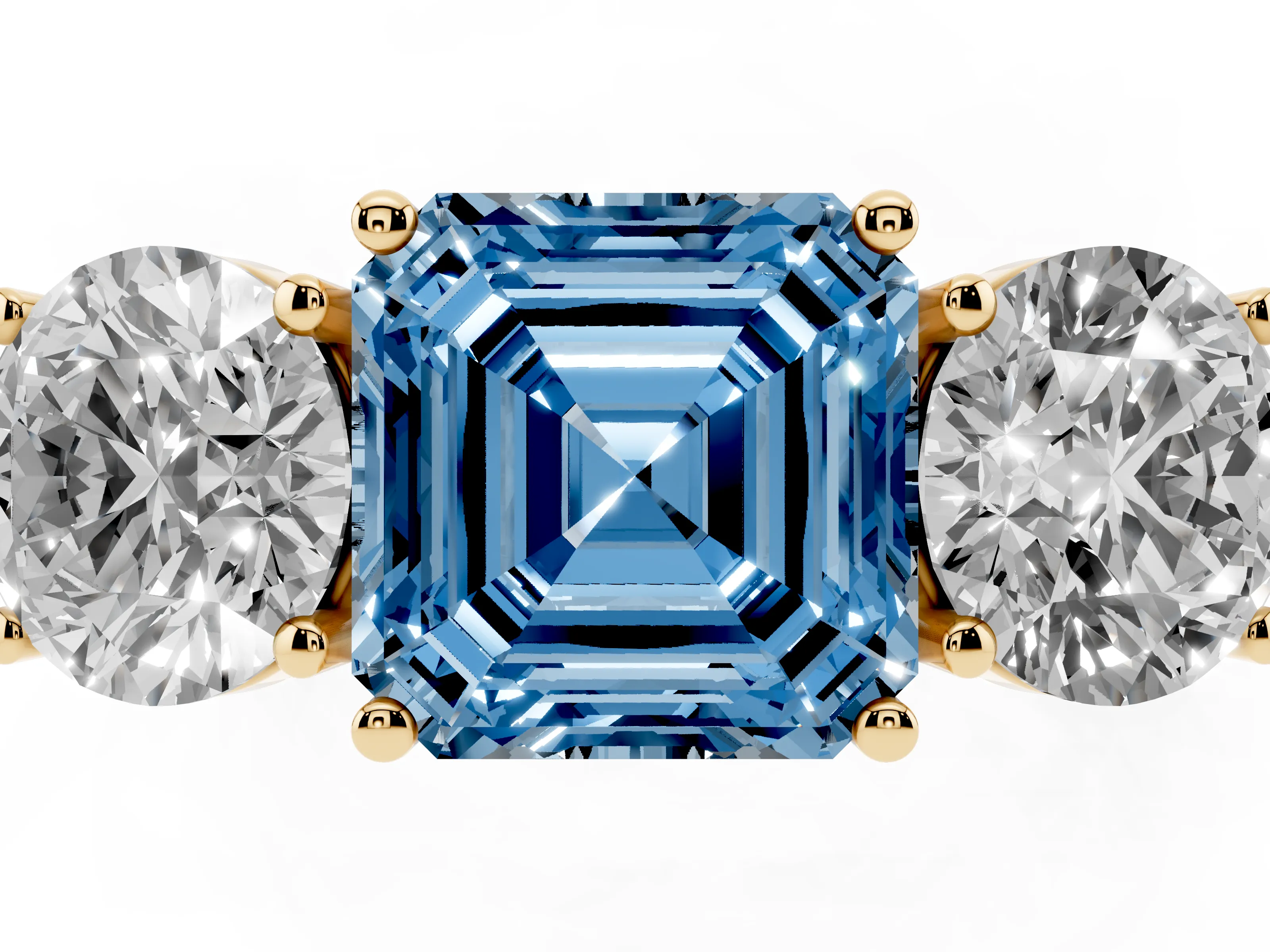 Fancy Blue Asscher Cut Diamond Three-Stone Ring Set in Yellow gold with Channel-Set Accent Band