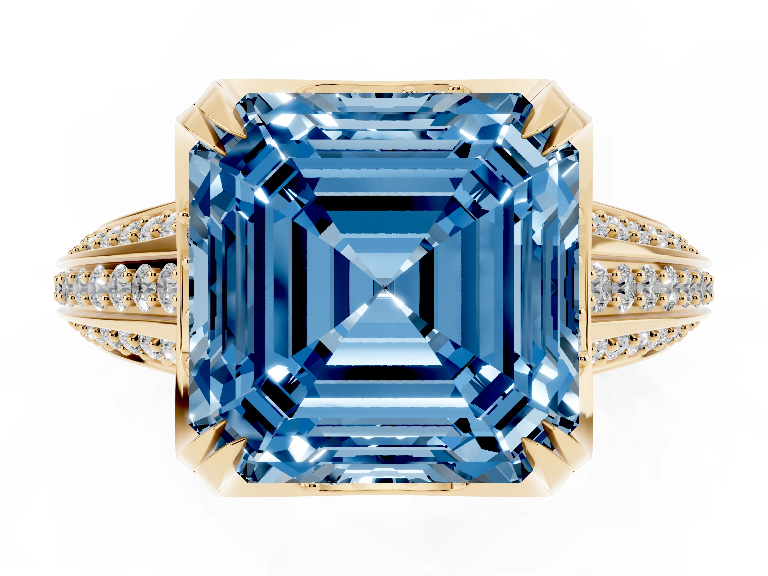 Fancy Blue Asscher Cut Diamond Pavé Split Shank Solitaire Ring Set in Yellow gold with Prong Setting
