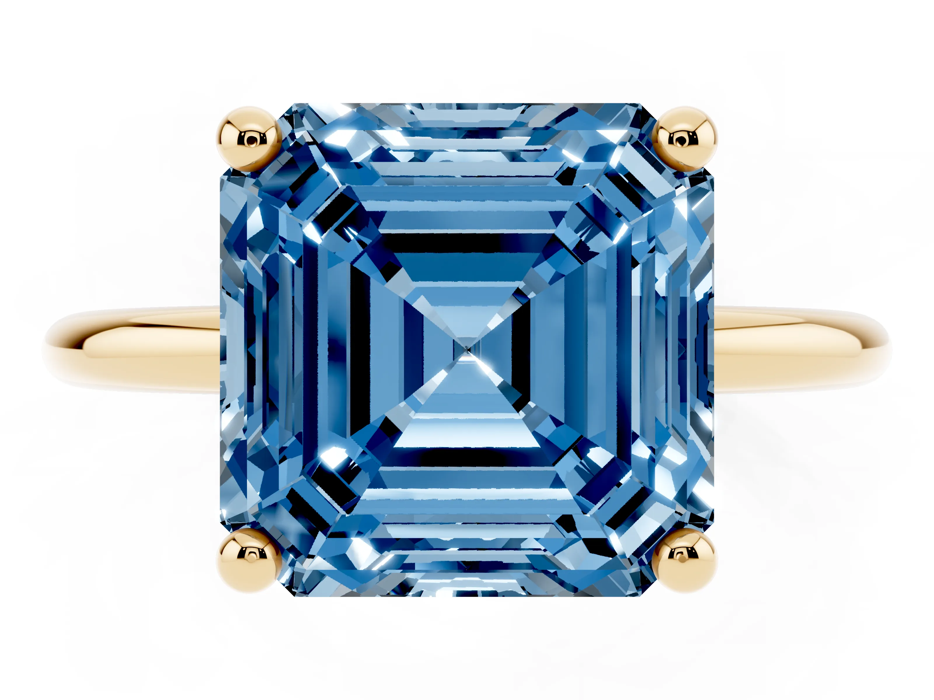 Fancy Blue Asscher Cut Diamond Solitaire Ring Set in Yellow gold with Secure Prong Setting on a Classic Band