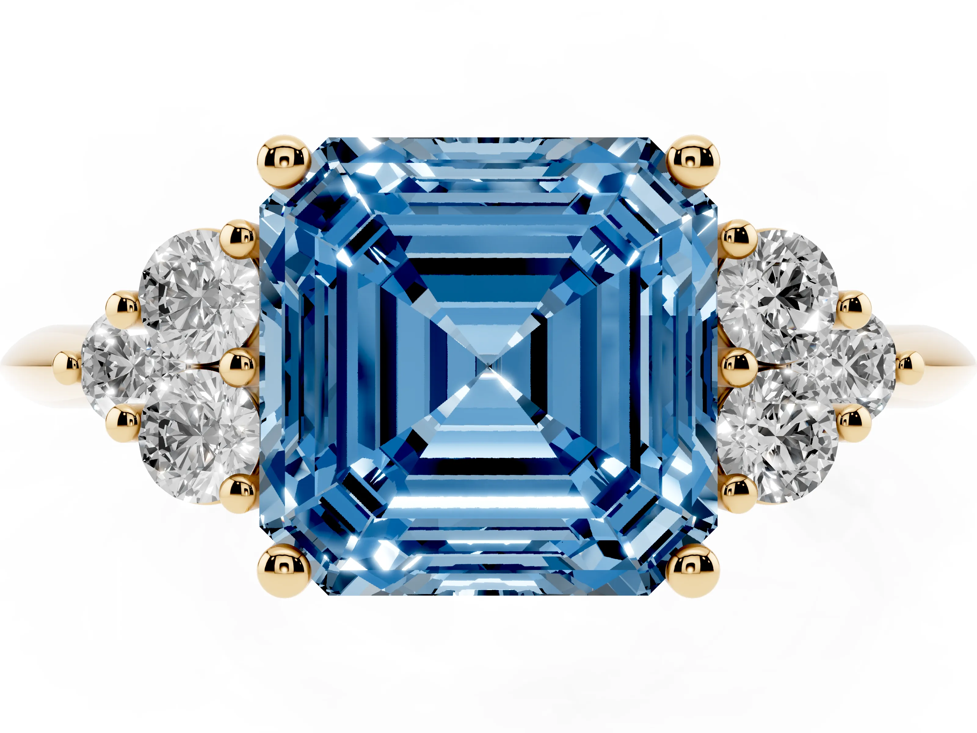 Fancy Blue Asscher Cut Diamond Cluster Ring Set in Yellow gold with Plain Band and Prong Setting