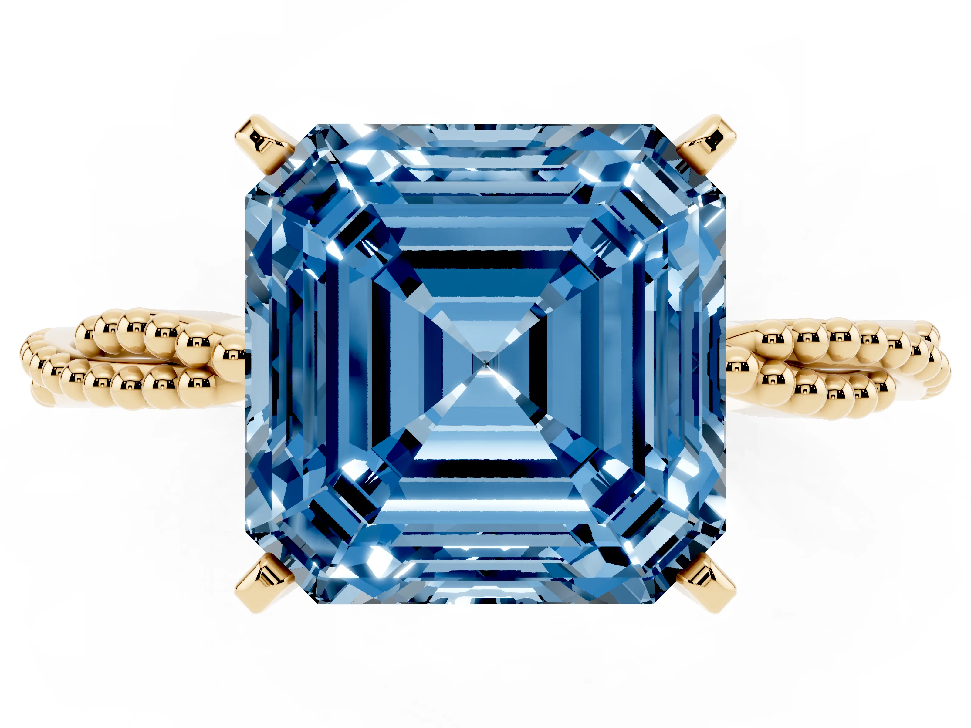 Fancy Blue Asscher Cut Diamond Solitaire Ring Set in Yellow gold with Twisted Band and Bead Prong Setting