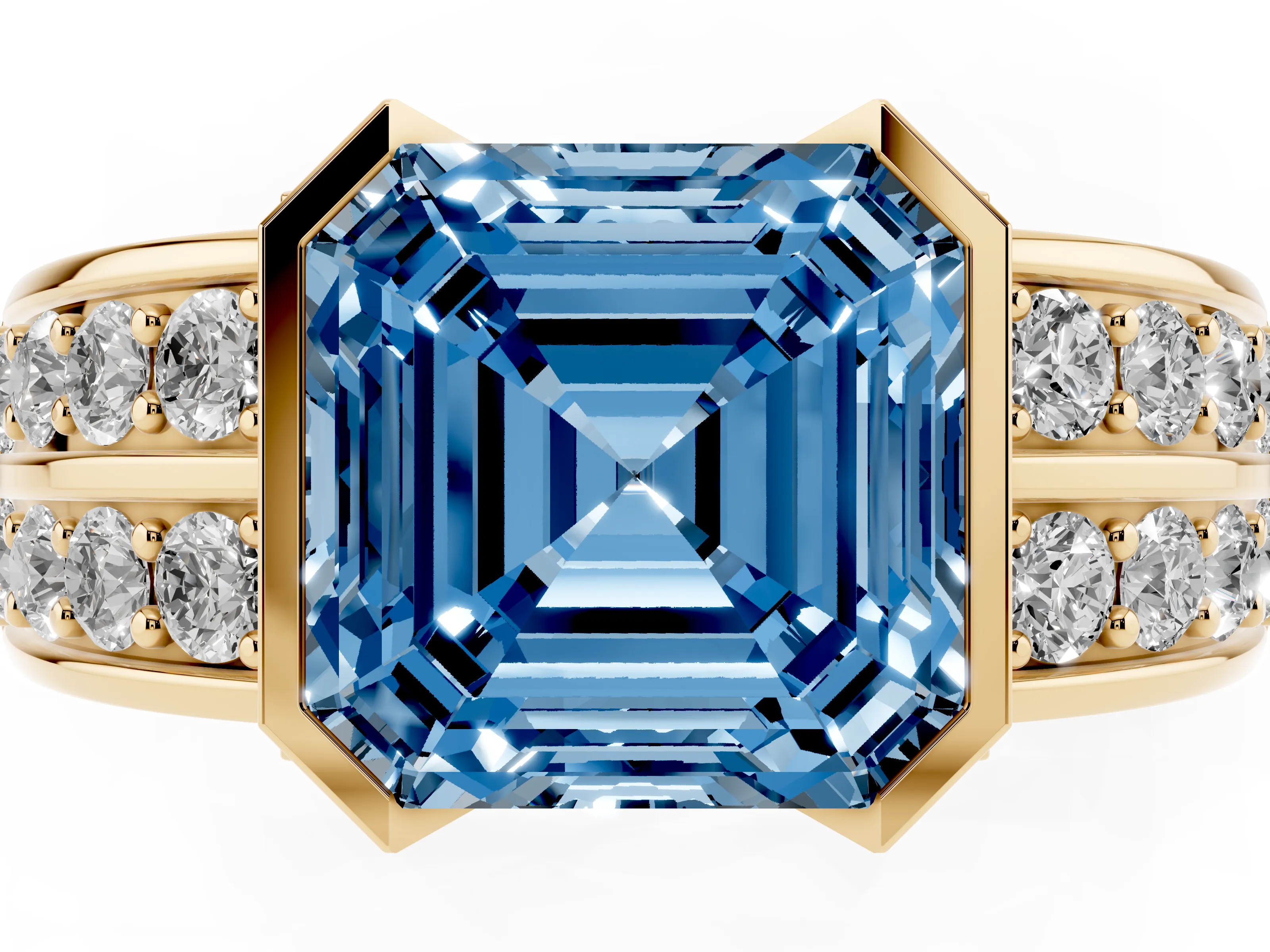 Fancy Blue Asscher Cut Diamond Wide Channel Set Band Ring Set in Yellow gold with Bezel Setting