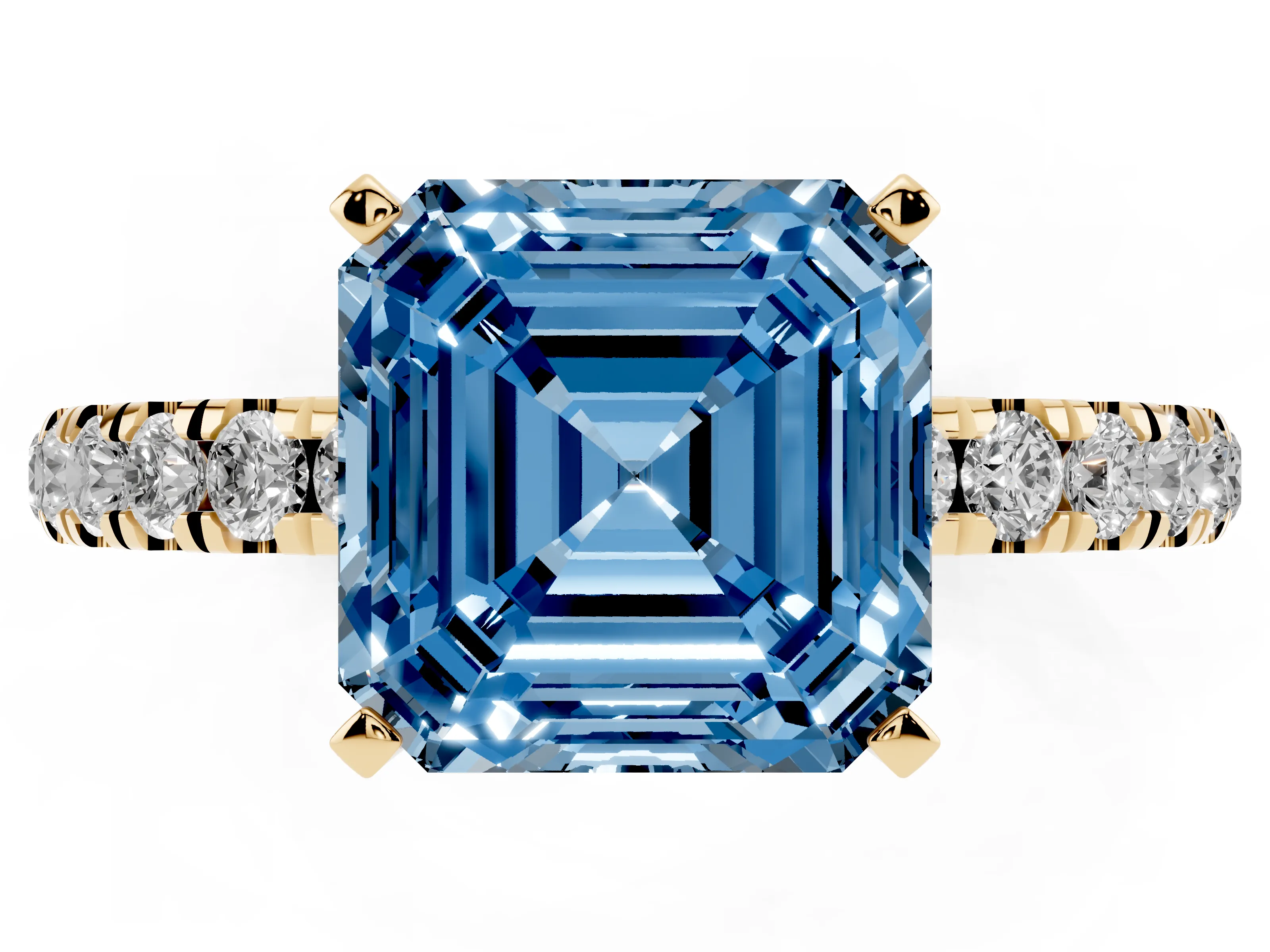 Fancy Blue Asscher Cut Diamond Solitaire Ring Set in Yellow gold with Pavé Accents and Prong Setting
