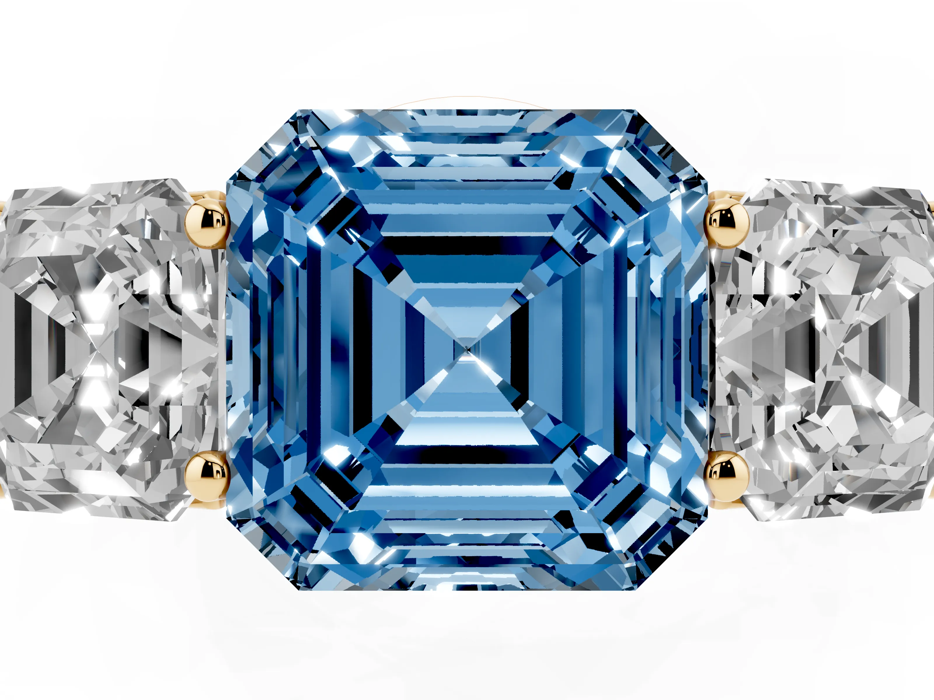 Fancy Blue Asscher Cut Diamond Three-Stone Ring Set in Yellow gold with Plain Polished Band