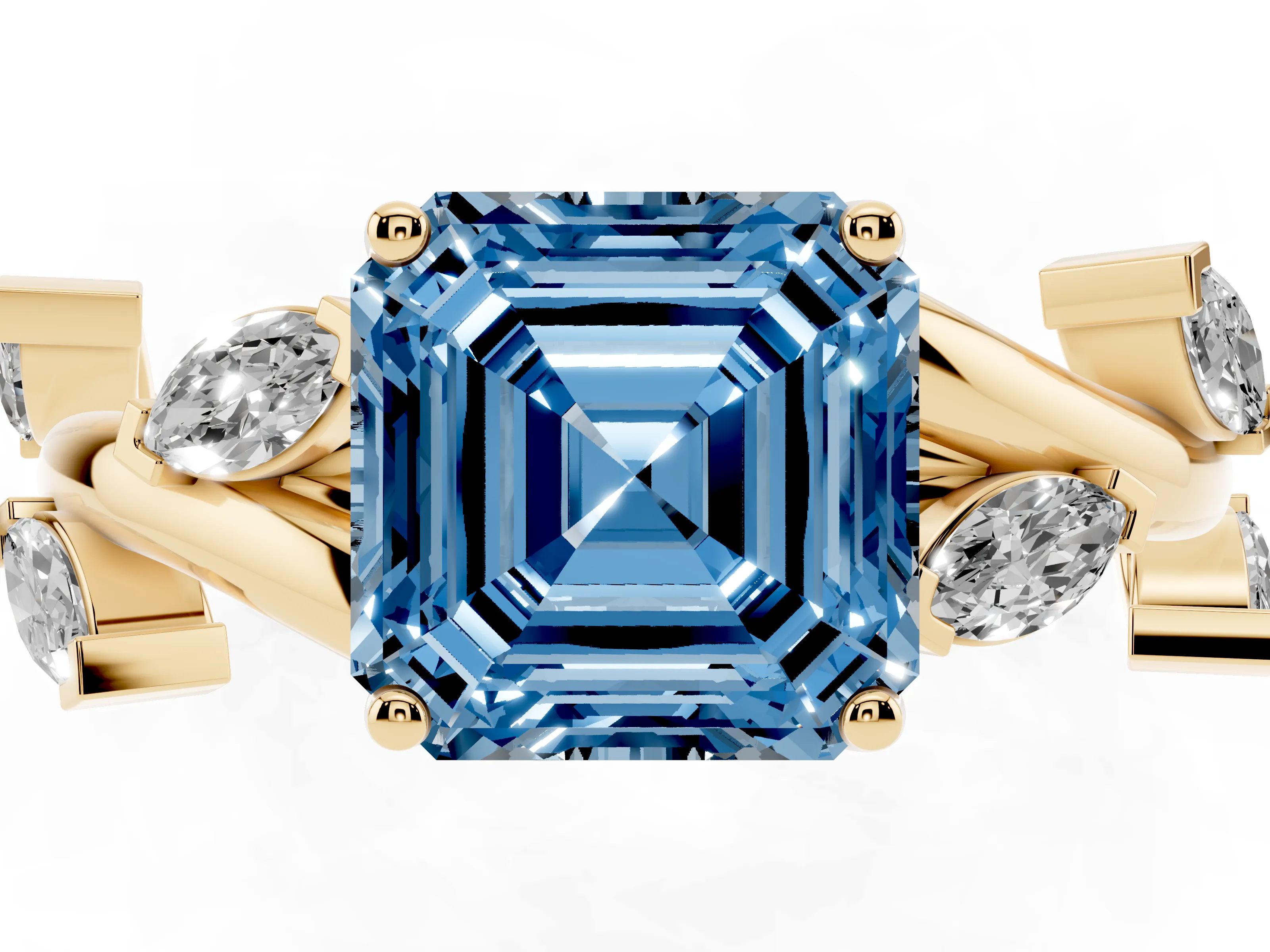 Fancy Blue Asscher Cut Diamond Solitaire Ring Set in Yellow gold with Twisted Marquise Accent Band