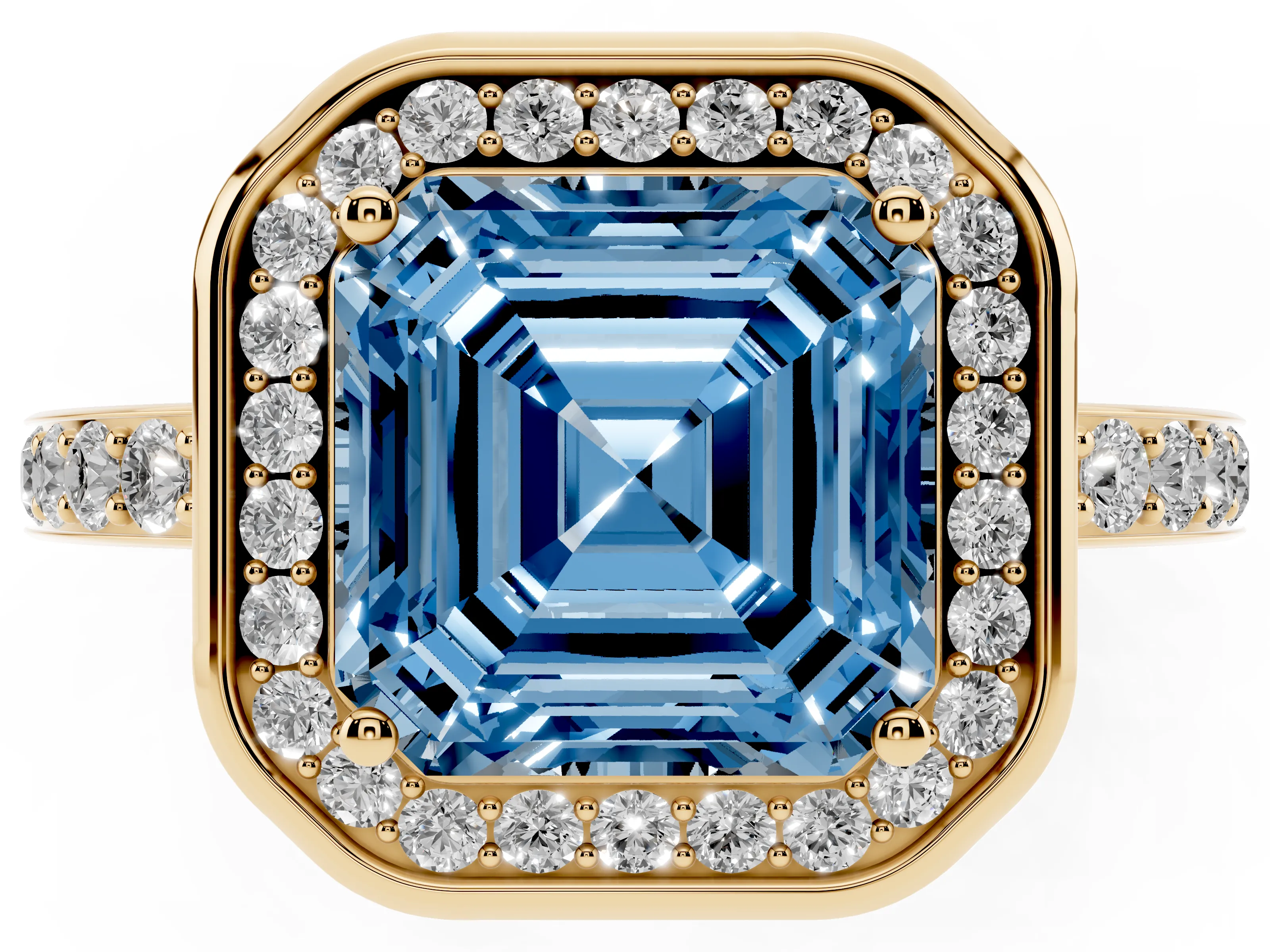 Fancy Blue Asscher Cut Diamond Halo Ring Set in Yellow gold with Bezel Frame and Pavé Band