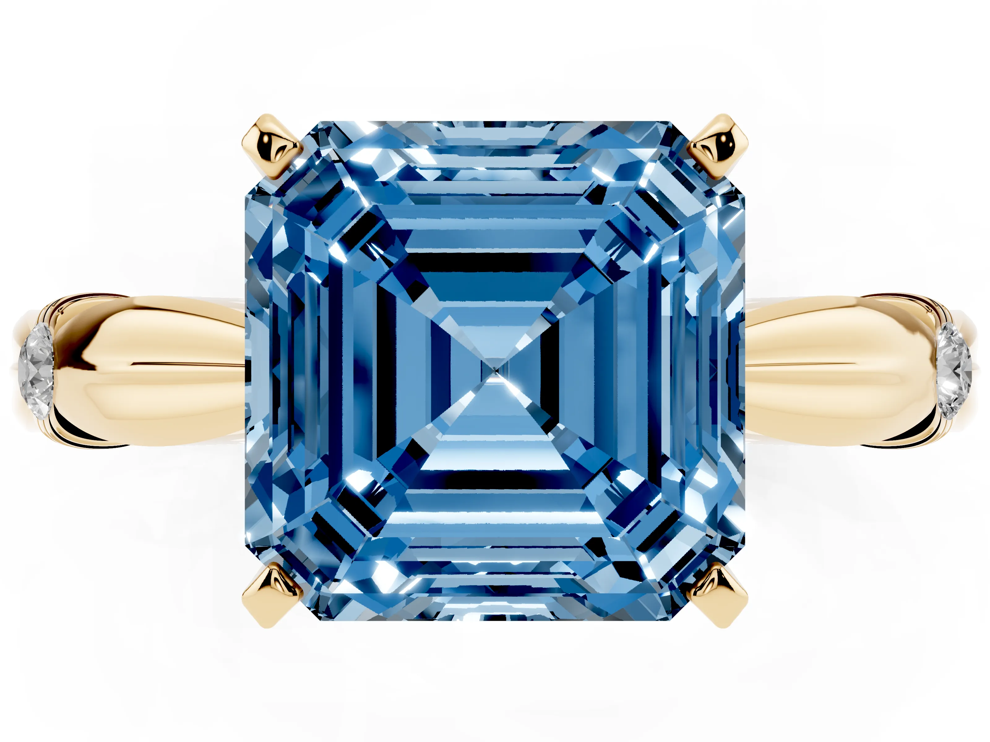 Fancy Blue Asscher Cut Diamond Solitaire Twisted Band Ring Set in Yellow gold with Accent Stones and Prong Setting