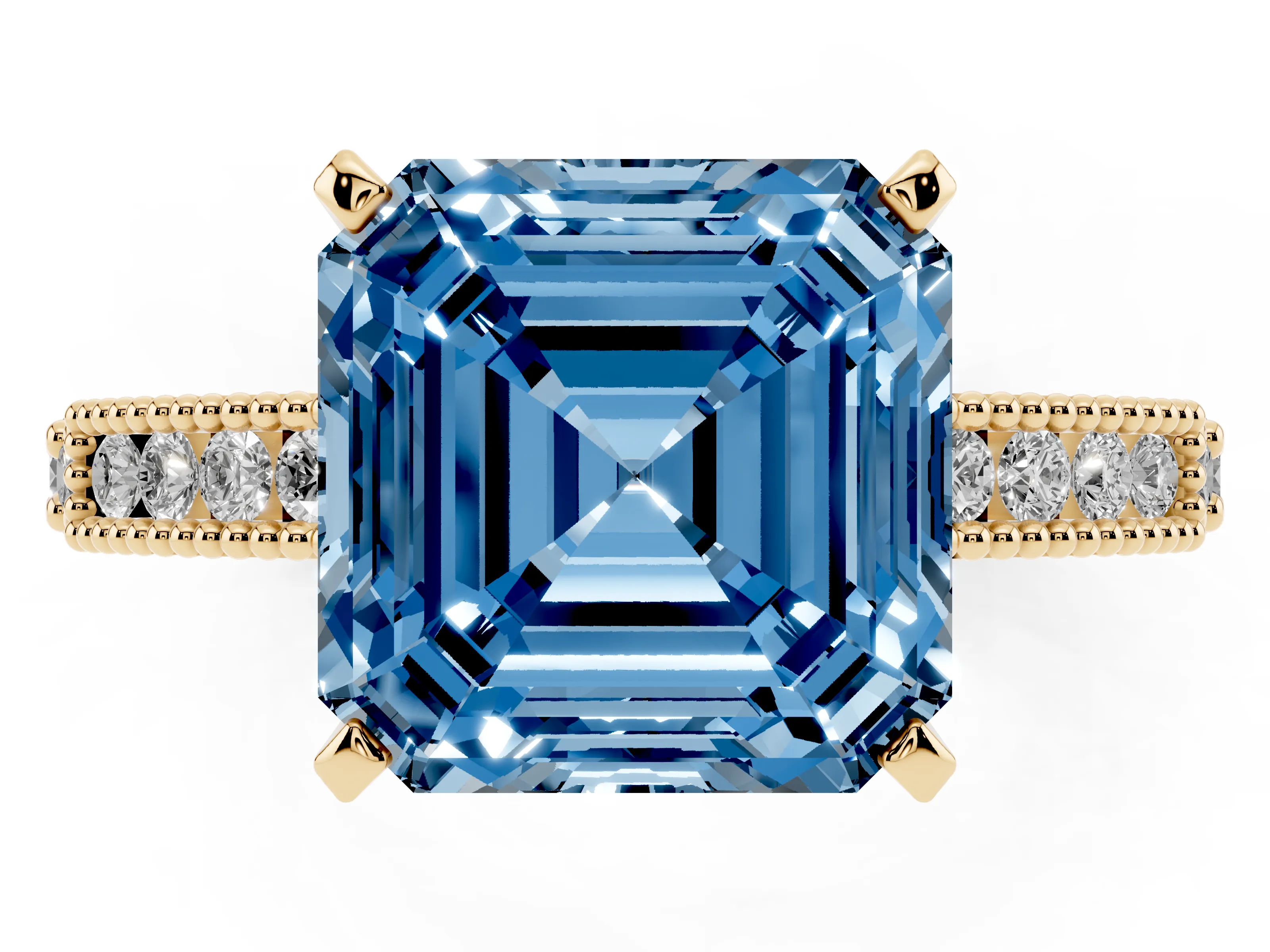Fancy Blue Asscher Cut Diamond Solitaire Ring Set in Yellow gold with Slim Pavé Band and Prong Setting