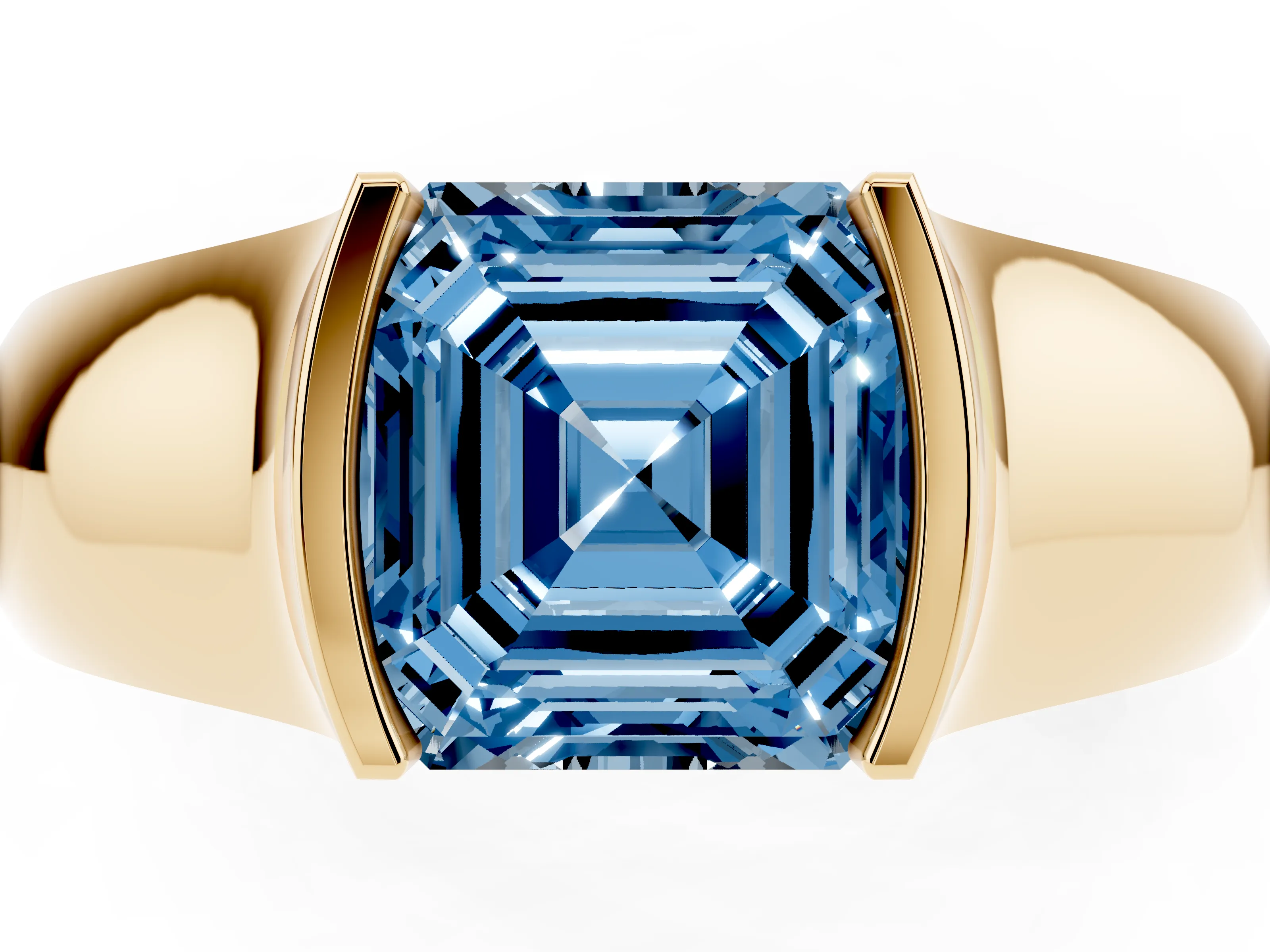 Fancy Blue Asscher Cut Diamond Bezel Solitaire Ring Set in Yellow gold with Wide Band
