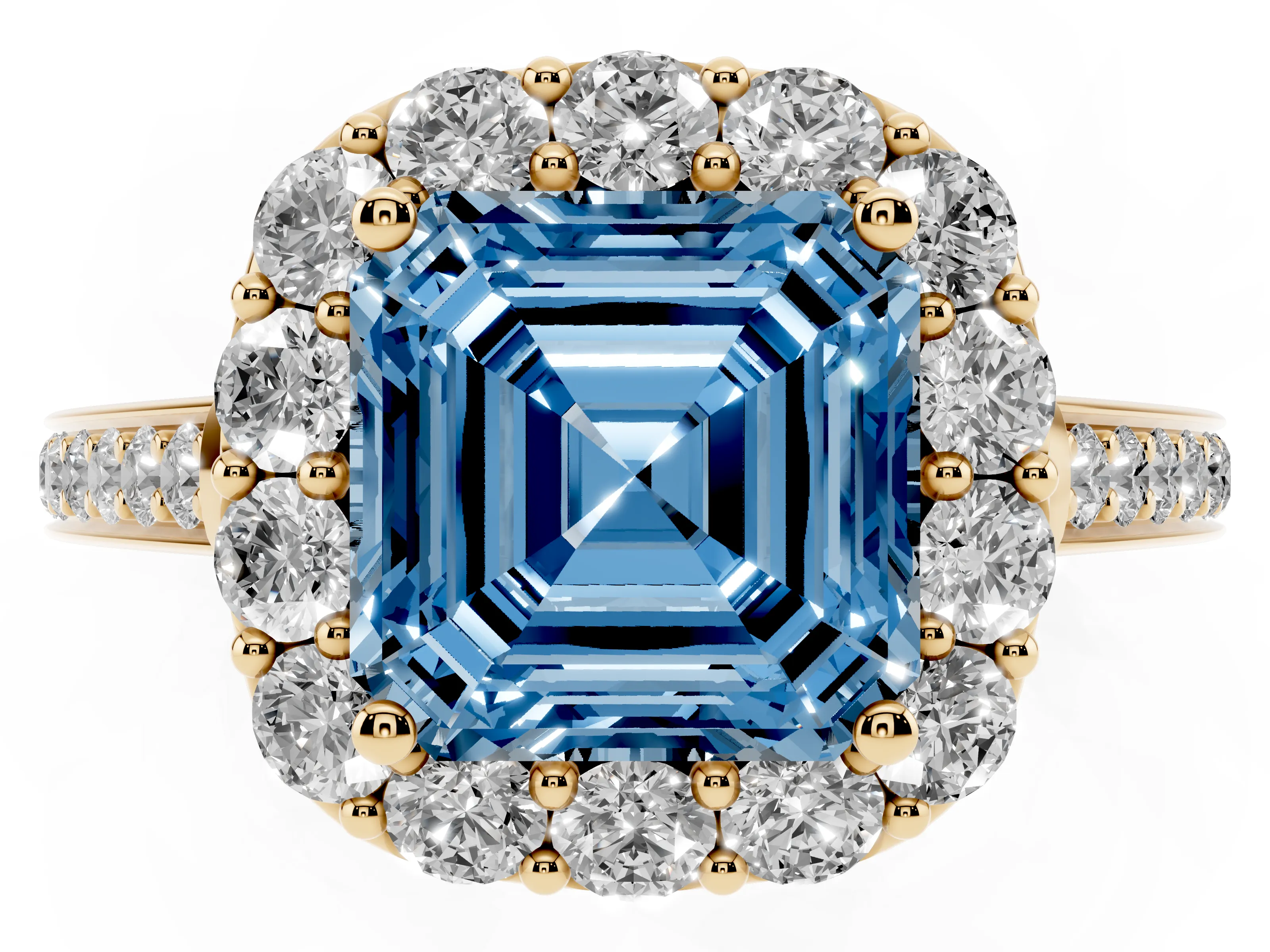 Fancy Blue Asscher Cut Diamond Floral Halo Ring Set in Yellow gold with Pavé Band and Prong Setting