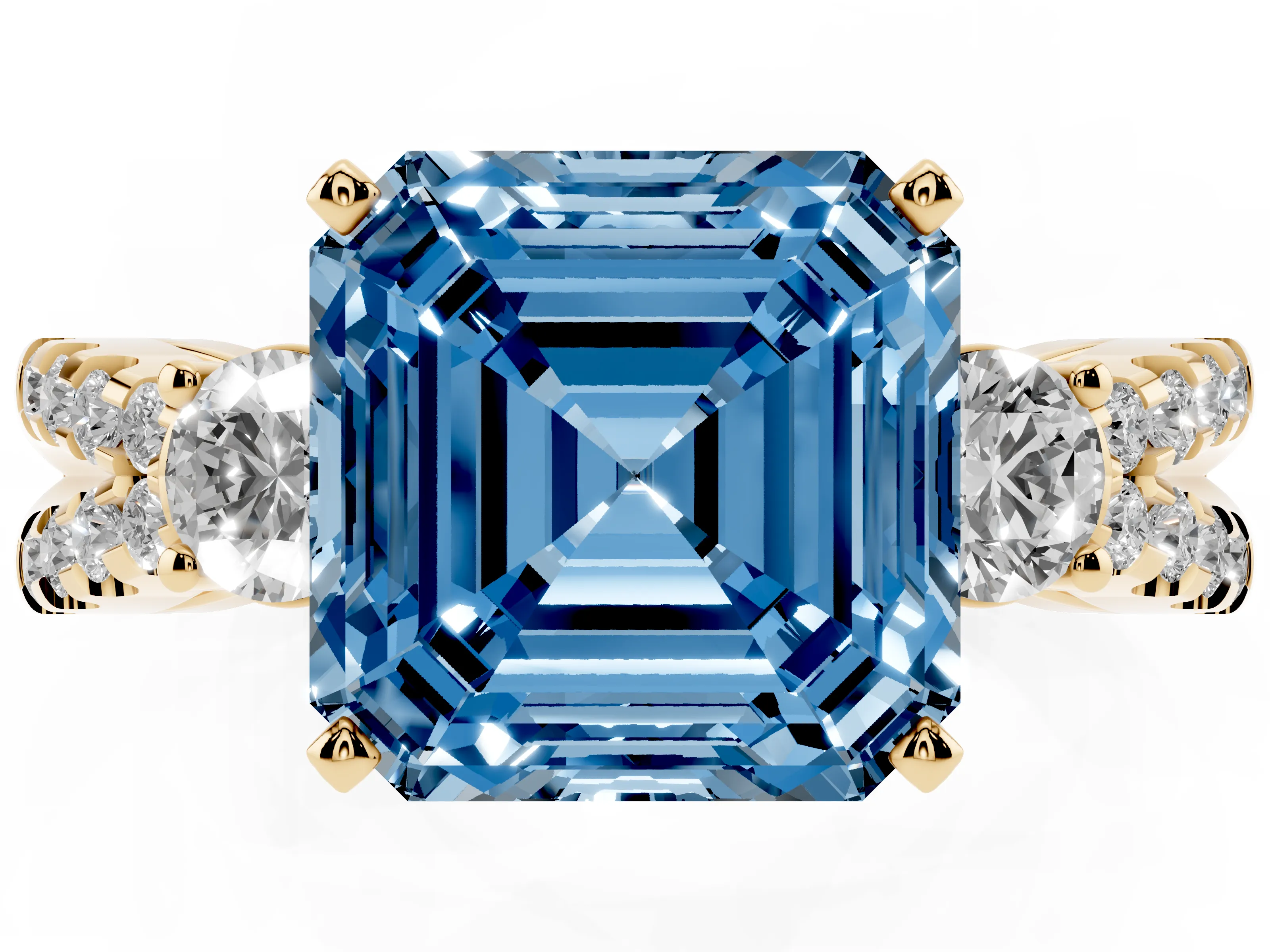 Fancy Blue Asscher Cut Diamond Three-Stone Ring Set in Yellow gold with Pavé Split Shank and Prong Setting