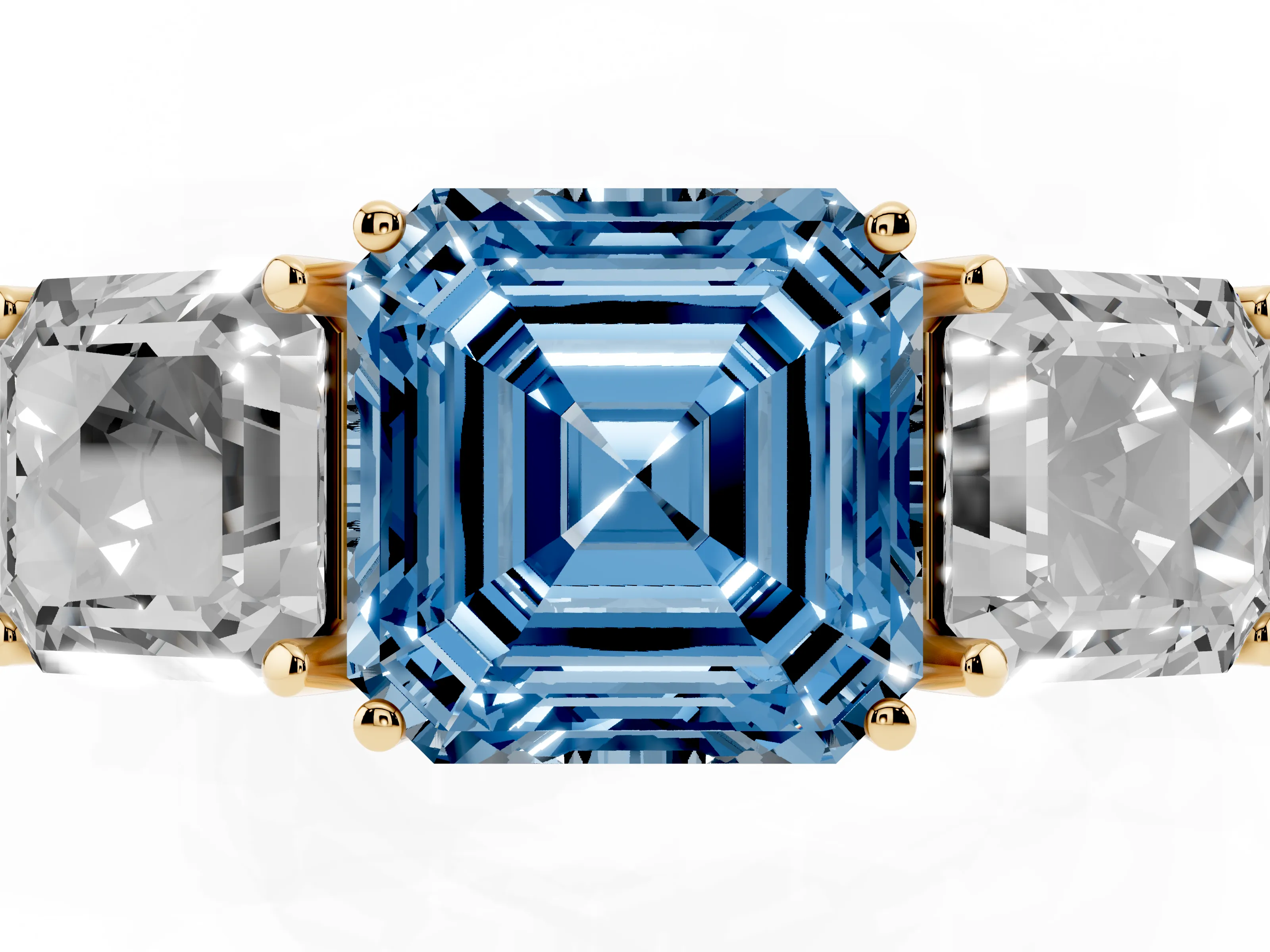 Fancy Blue Asscher Cut Diamond Three-Stone Engagement Ring Set in Yellow gold with Milgrain Pavé Band