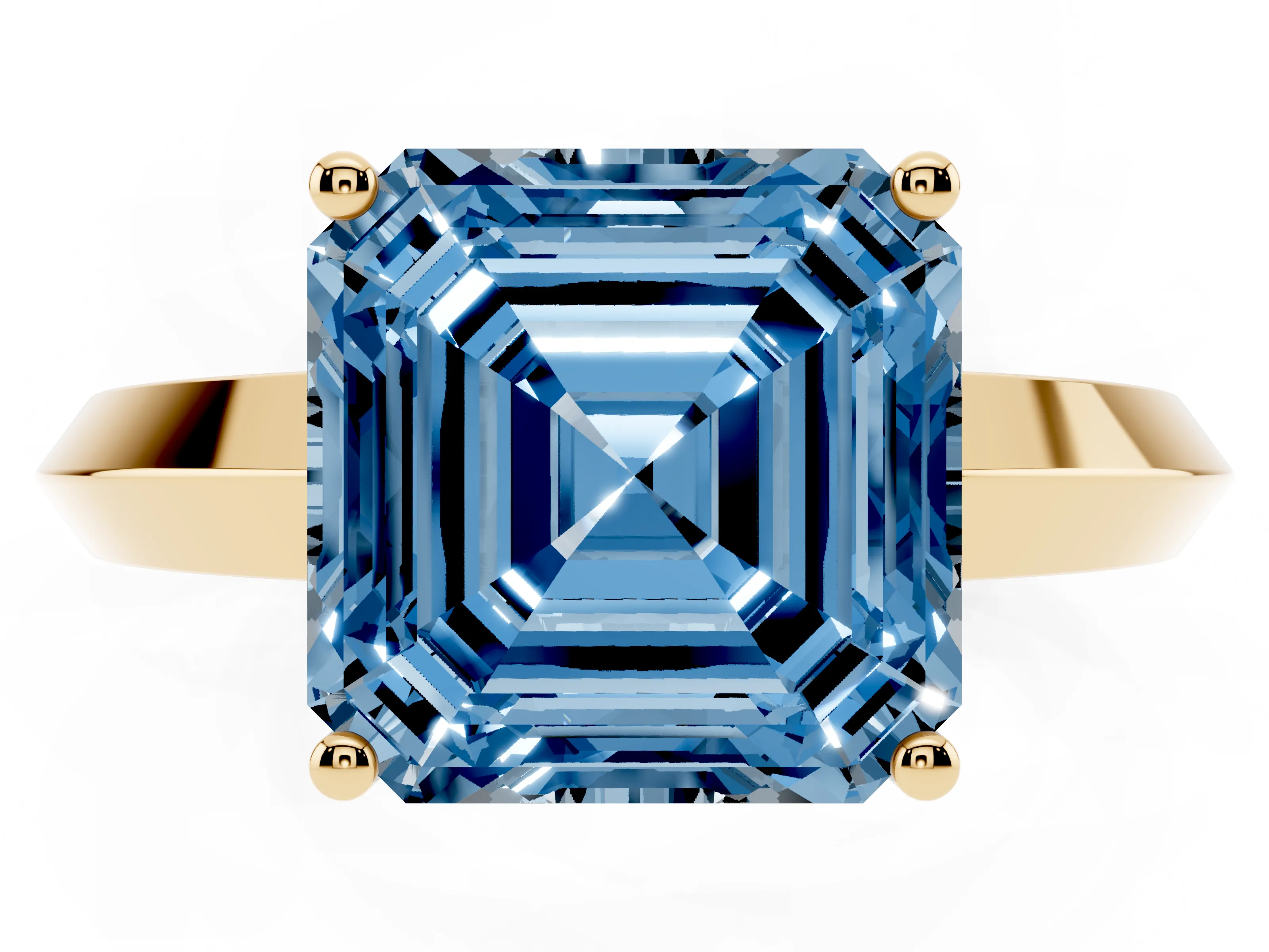 Fancy Blue Asscher Cut Diamond Solitaire Engagement Ring Set in Yellow gold with Flat Band and Prong Setting