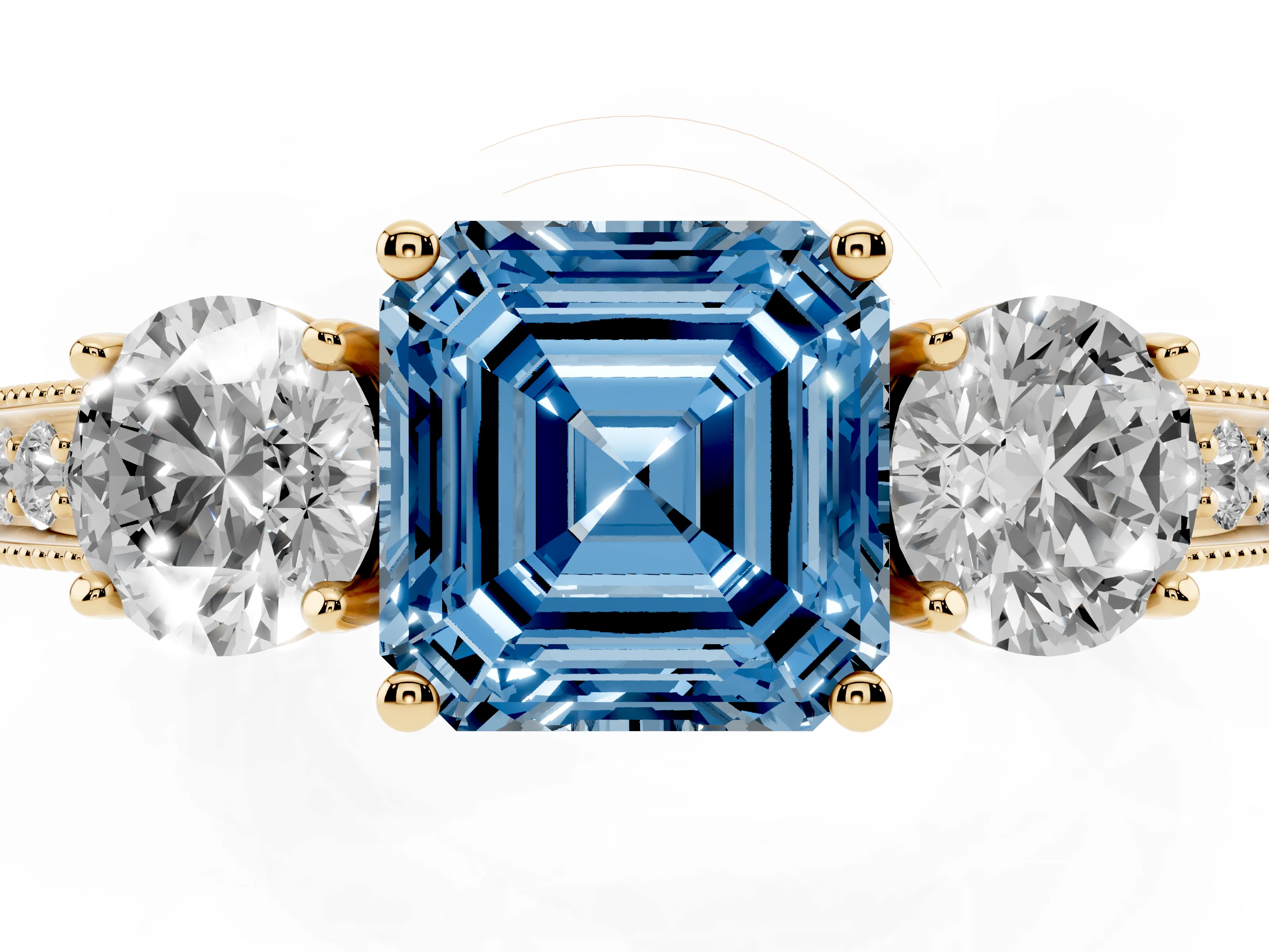Fancy Blue Asscher Cut Diamond Three-Stone Ring Set in Yellow gold with Round Side Stones and Pavé Band