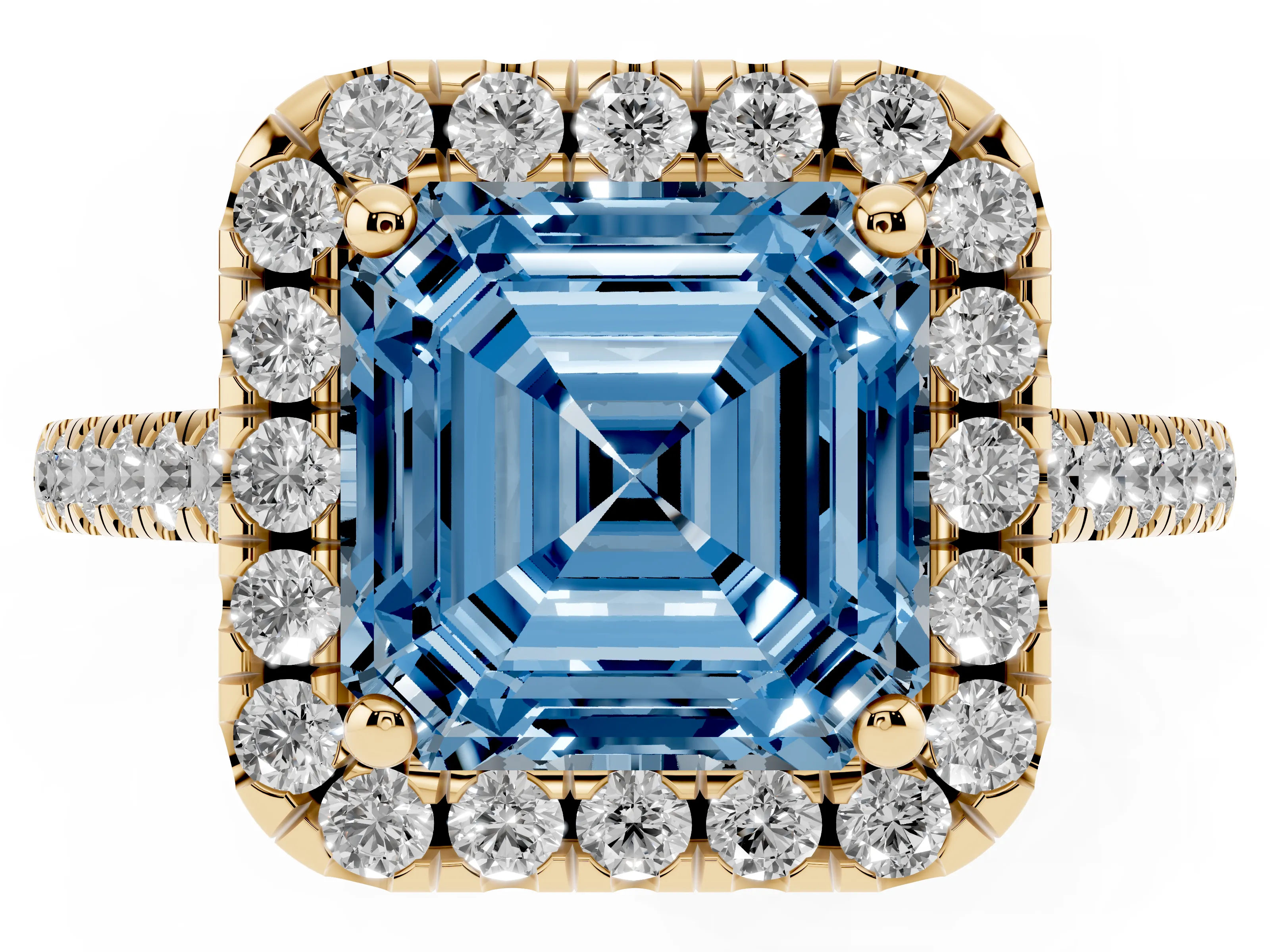 Fancy Blue Asscher Cut Diamond Pavé Halo Engagement Ring Set in Yellow gold with Pavé Band and Prong Setting