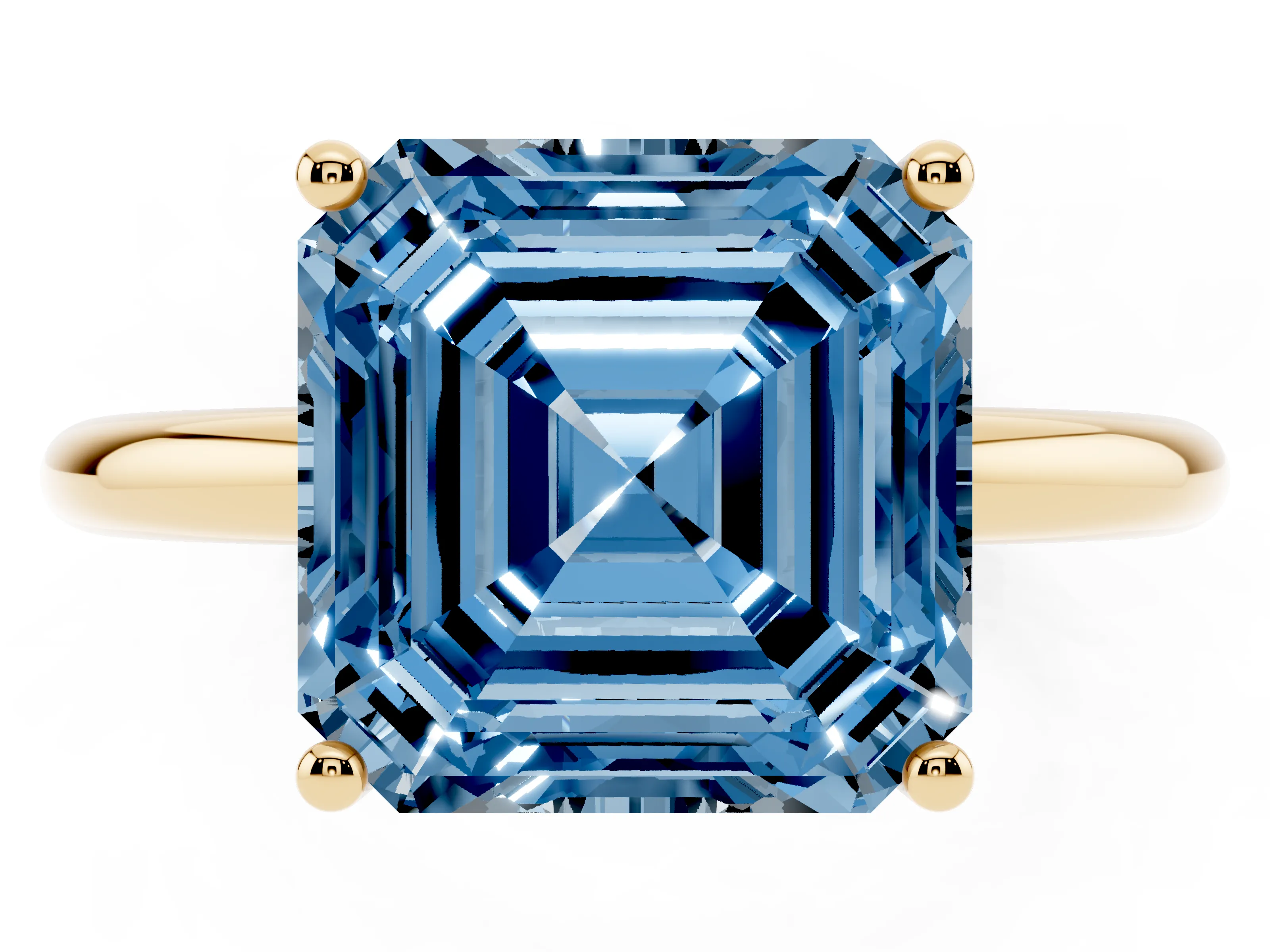 Fancy Blue Asscher Cut Diamond Solitaire Engagement Ring Set in Yellow gold with Prong Setting and Polished Band