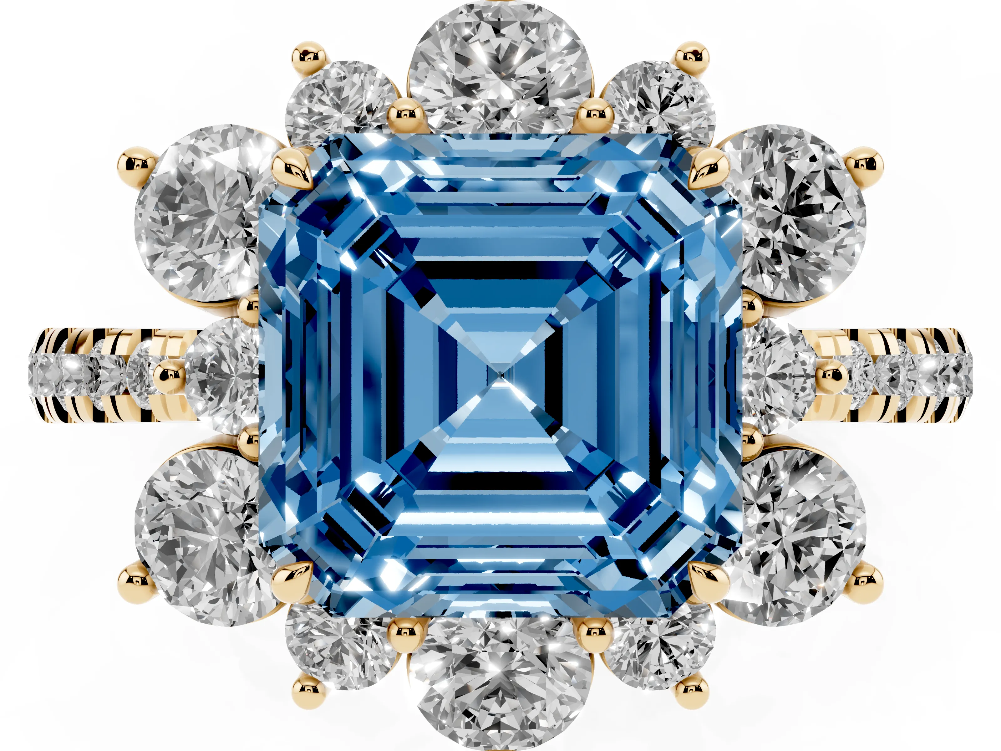 Fancy Blue Asscher Cut Diamond Floral Halo Ring Set in Yellow gold with Round Pavé Band and Prong Setting