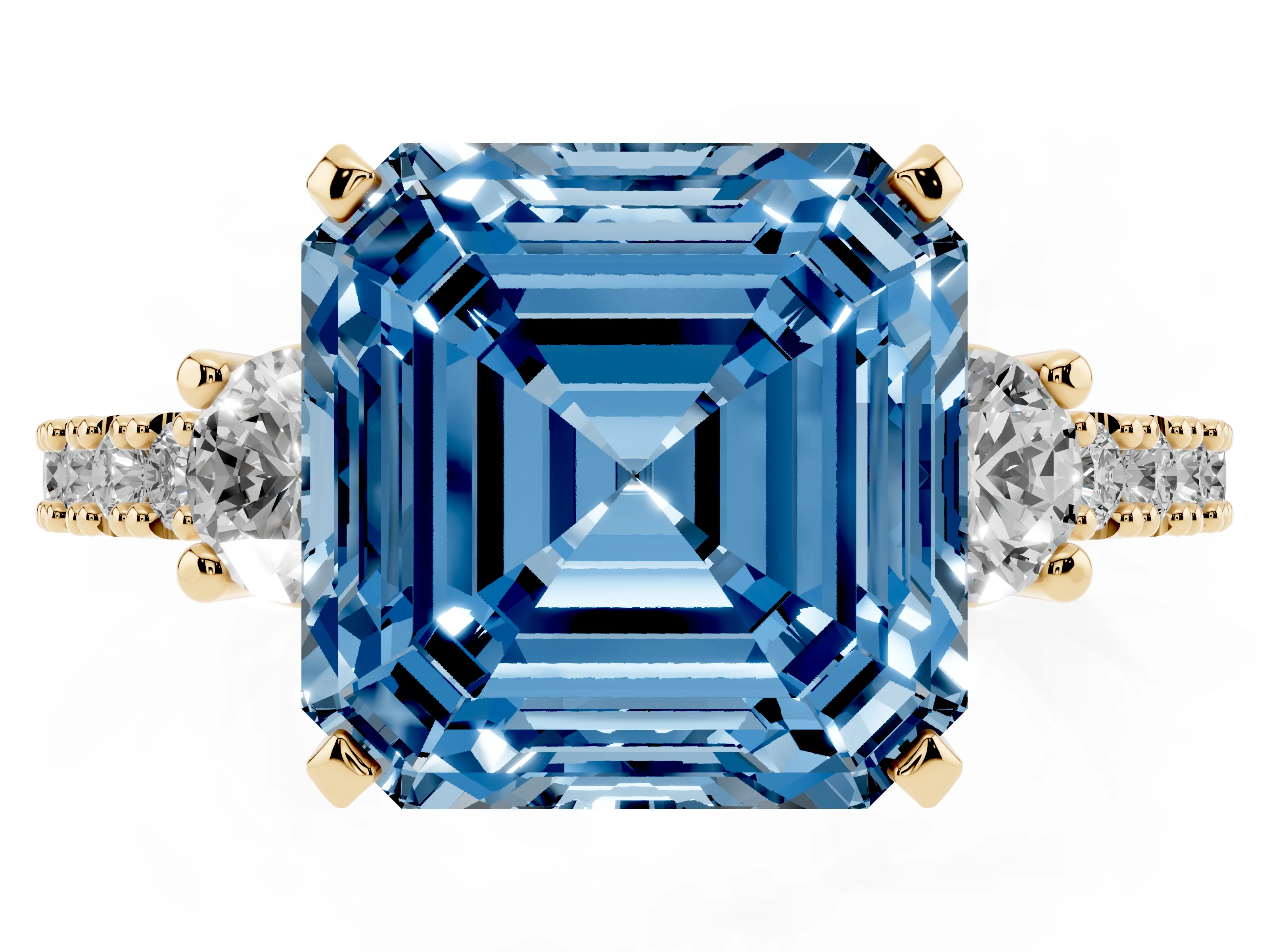 Fancy Blue Three-Stone Asscher Cut Diamond Pavé Band Ring Set in Yellow gold with Prong Setting