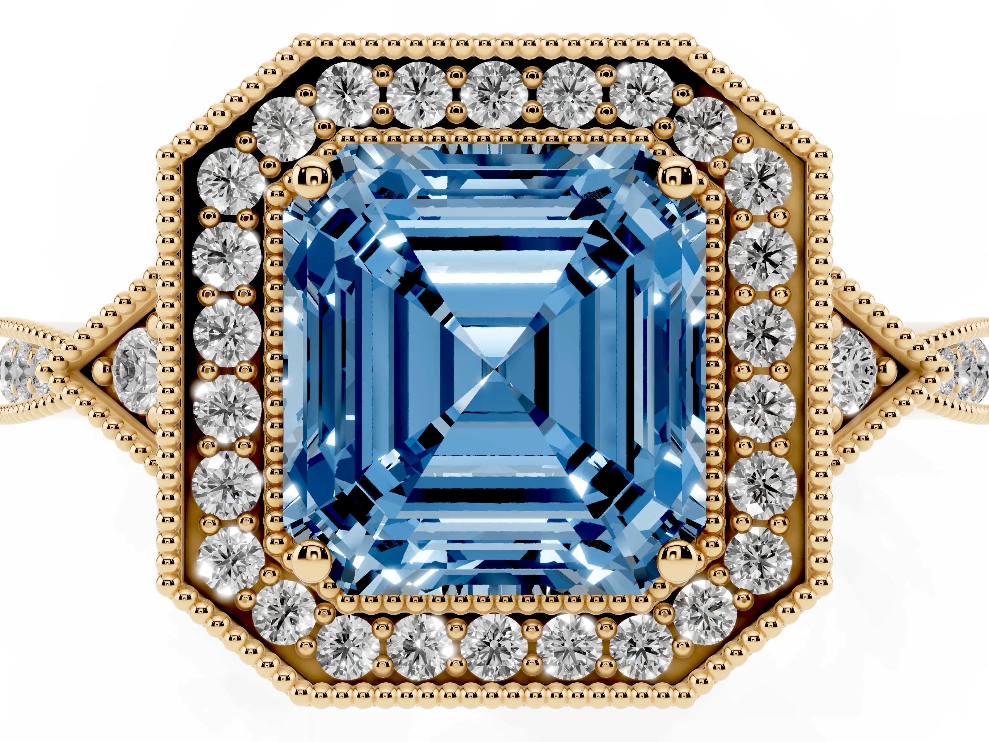 Fancy Blue Asscher Cut Diamond Halo Engagement Ring Set in Yellow gold with Milgrain Pavé Band