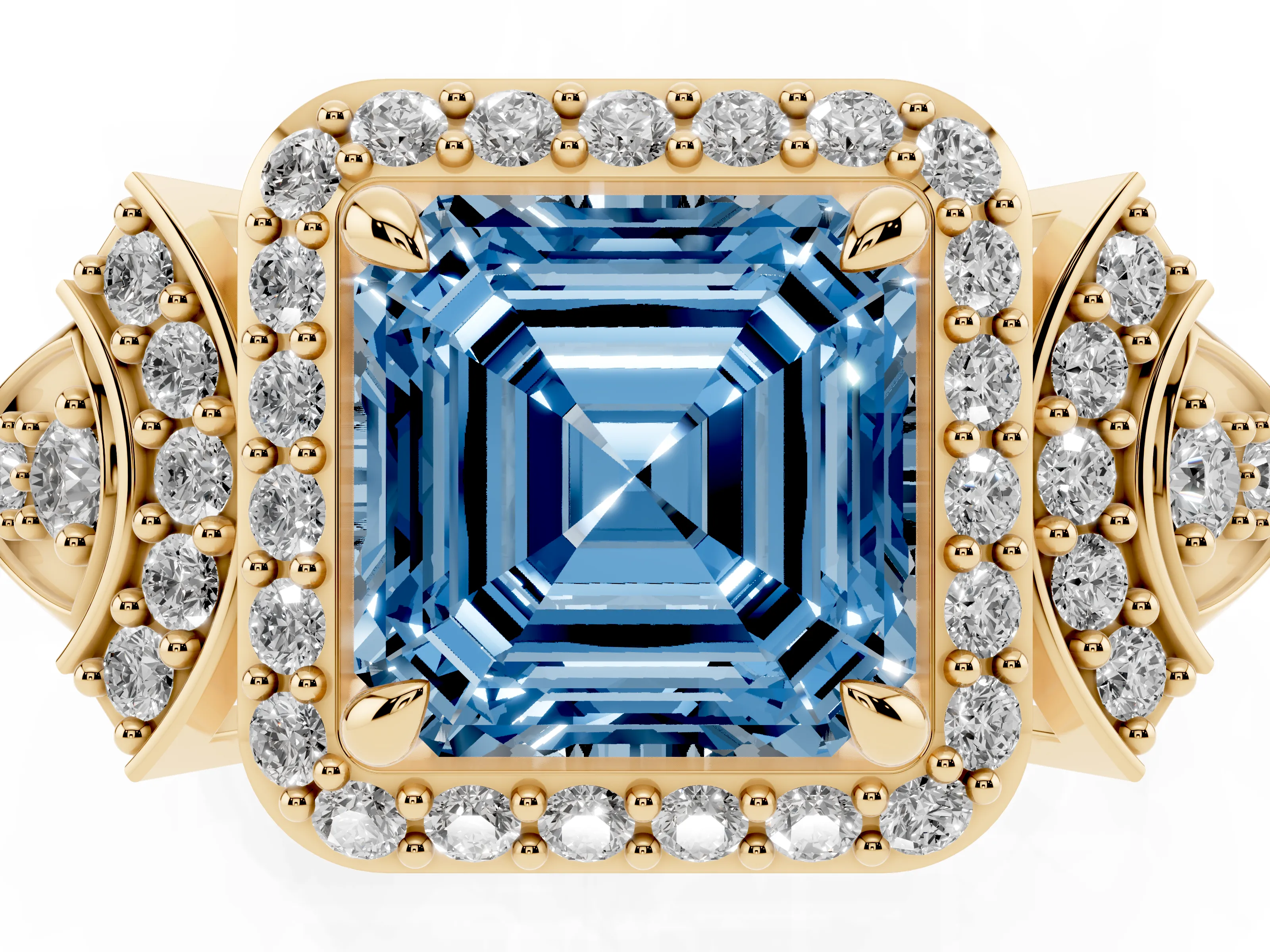 Fancy Blue Asscher Cut Diamond Halo Engagement Ring Set in Yellow gold with Accent Stone Split Shank