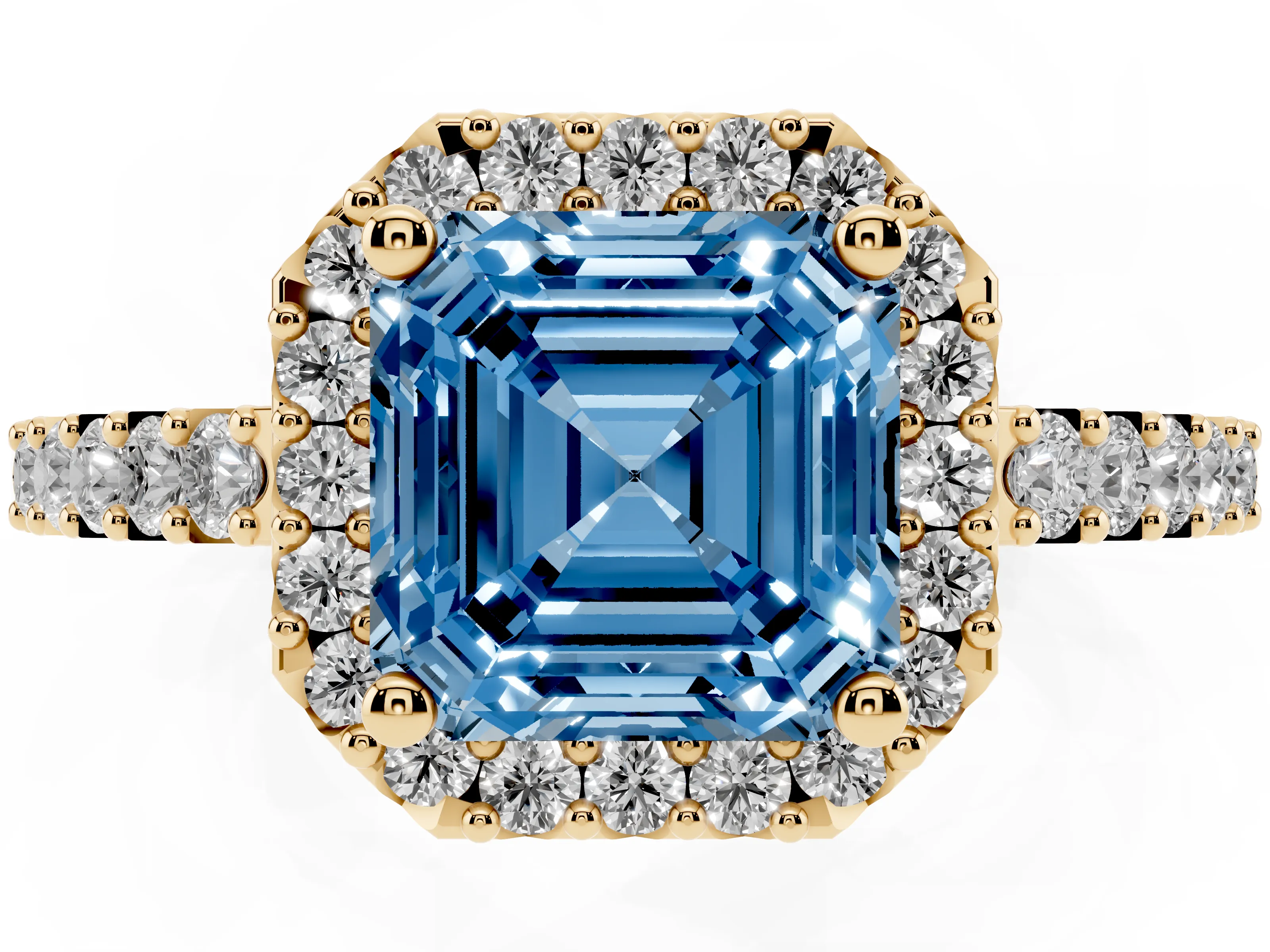 Fancy Blue Asscher Cut Diamond Halo Pavé Solitaire Ring Set in Yellow gold with Prong-Set Center Stone