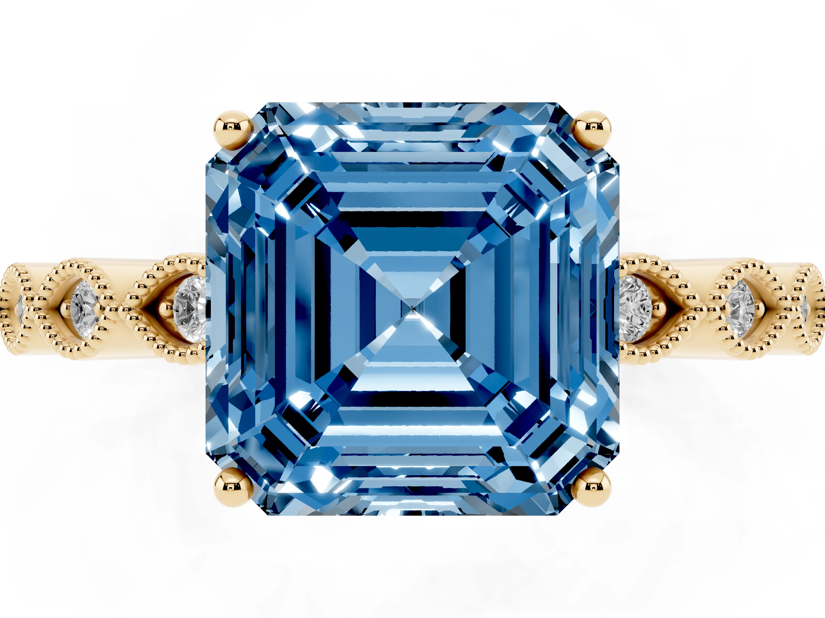 Fancy Blue Asscher Cut Diamond Solitaire Ring Set in Yellow gold with Infinity Twist Pavé Band