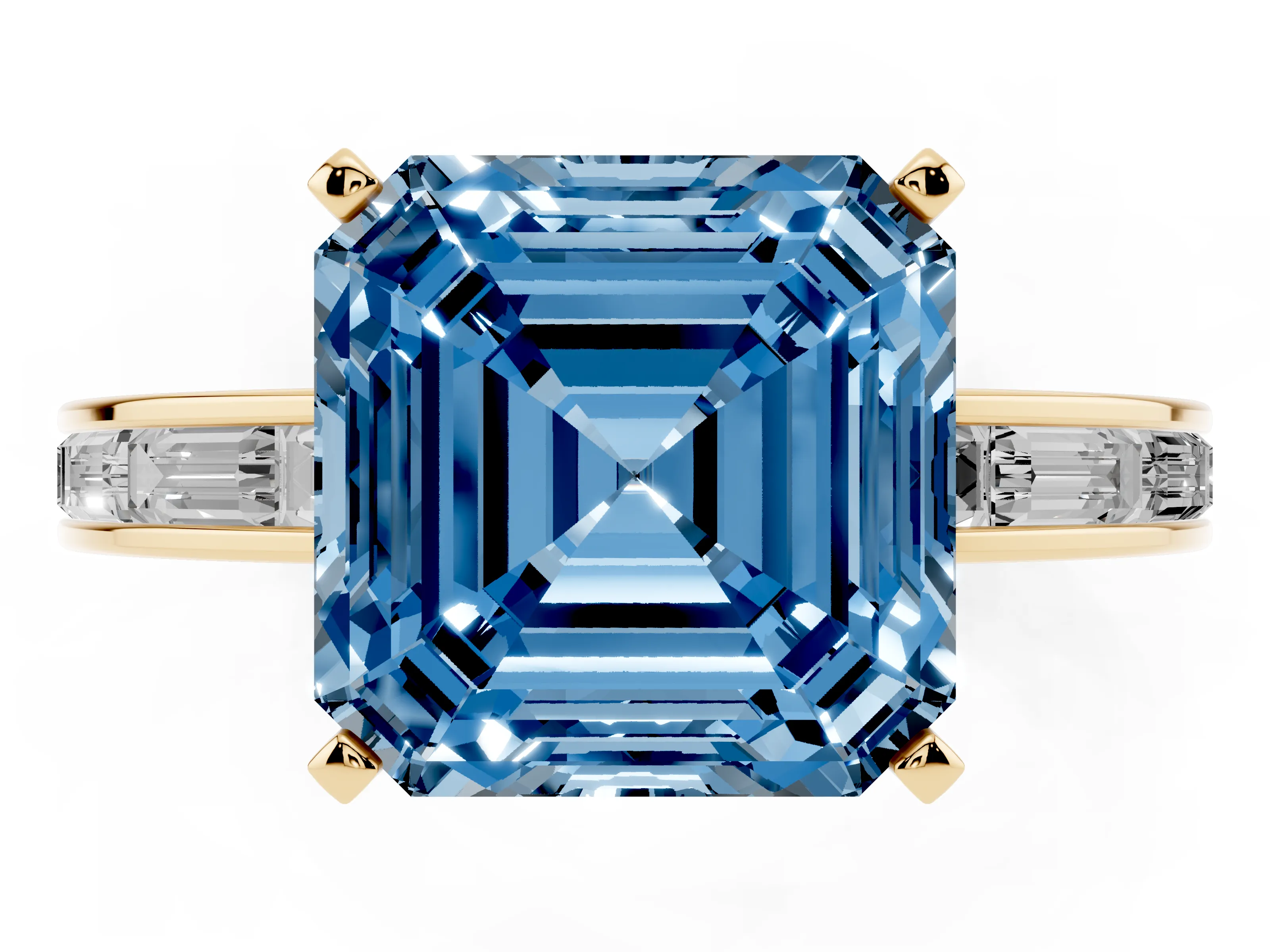 Fancy Blue Asscher Cut Diamond Solitaire Ring Set in Yellow gold with Channel-Set Baguette Band and Prong Setting