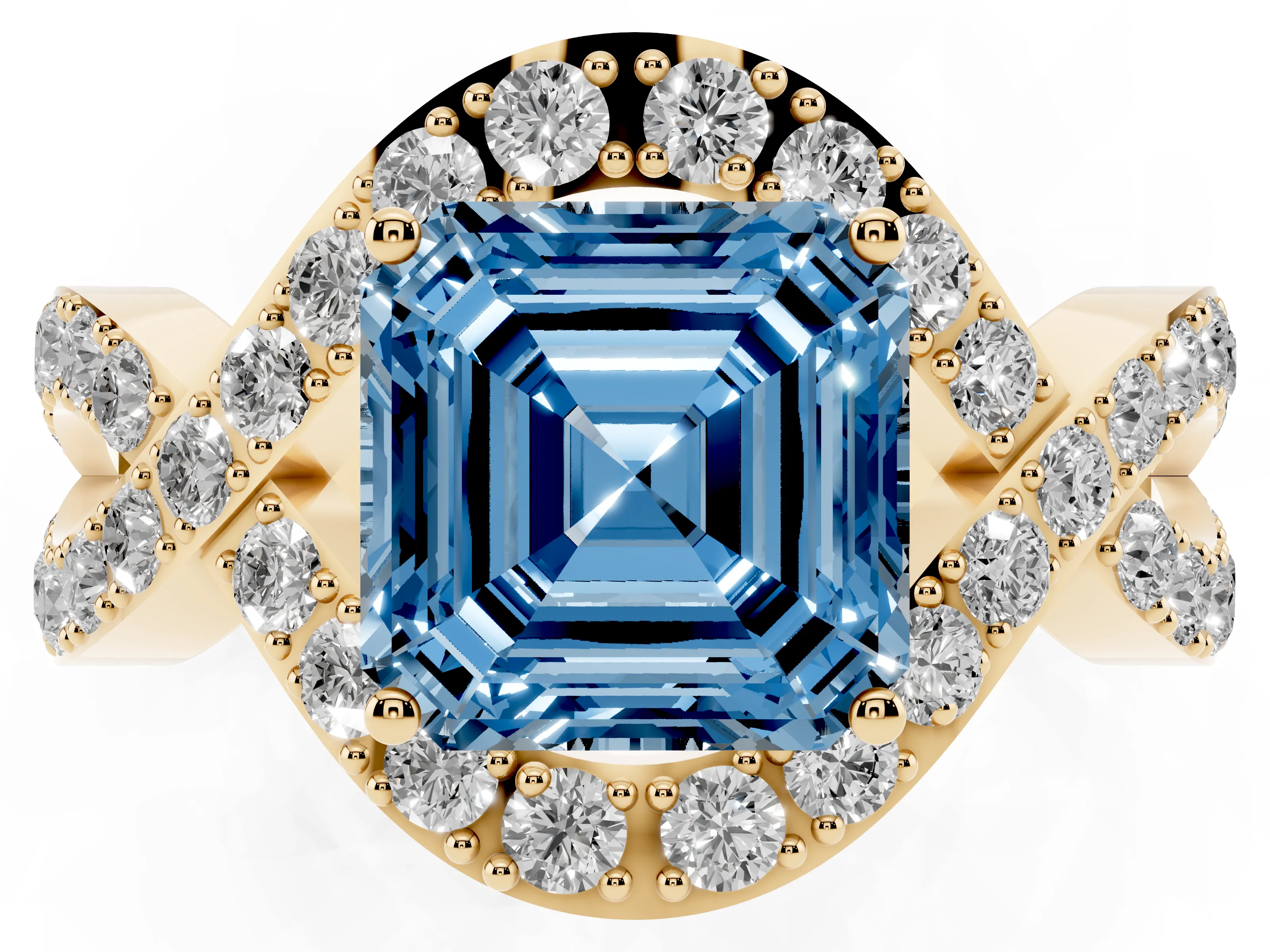 Fancy Blue Asscher Cut Diamond Solitaire Twist Band Pavé Engagement Ring Set in Yellow gold
